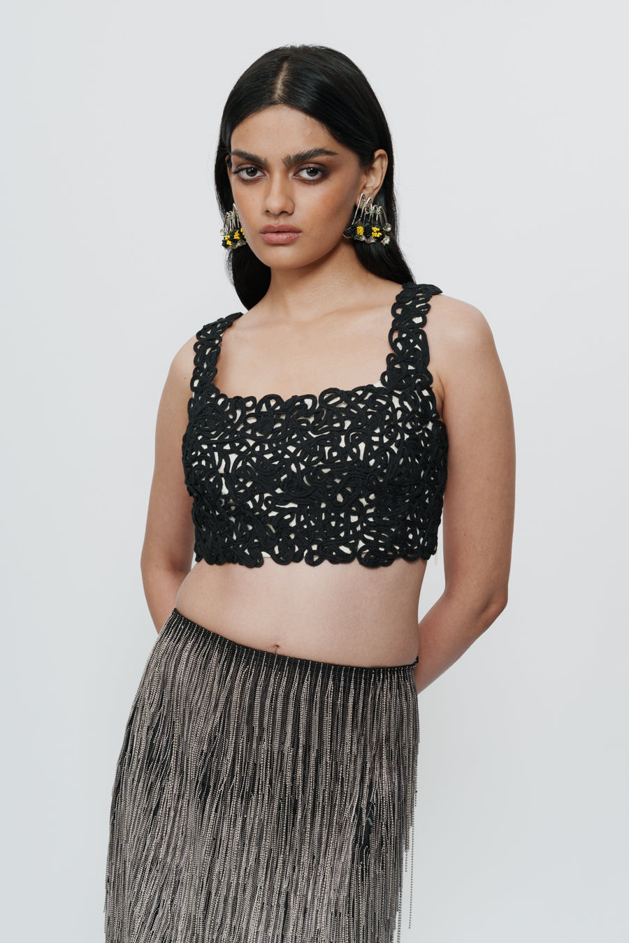 Straight Skirt With Silver Chain Embroidery
