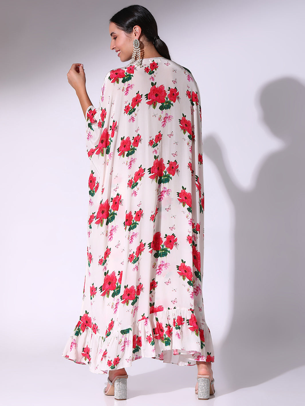 Poppy Floral Printed Long Kaftan With Drawstring Skirt