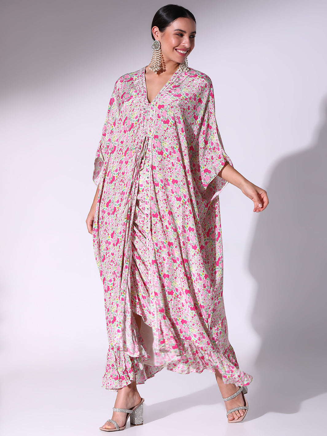 Pink Micro Floral Printed Long Kaftan With Drawstring Skirt