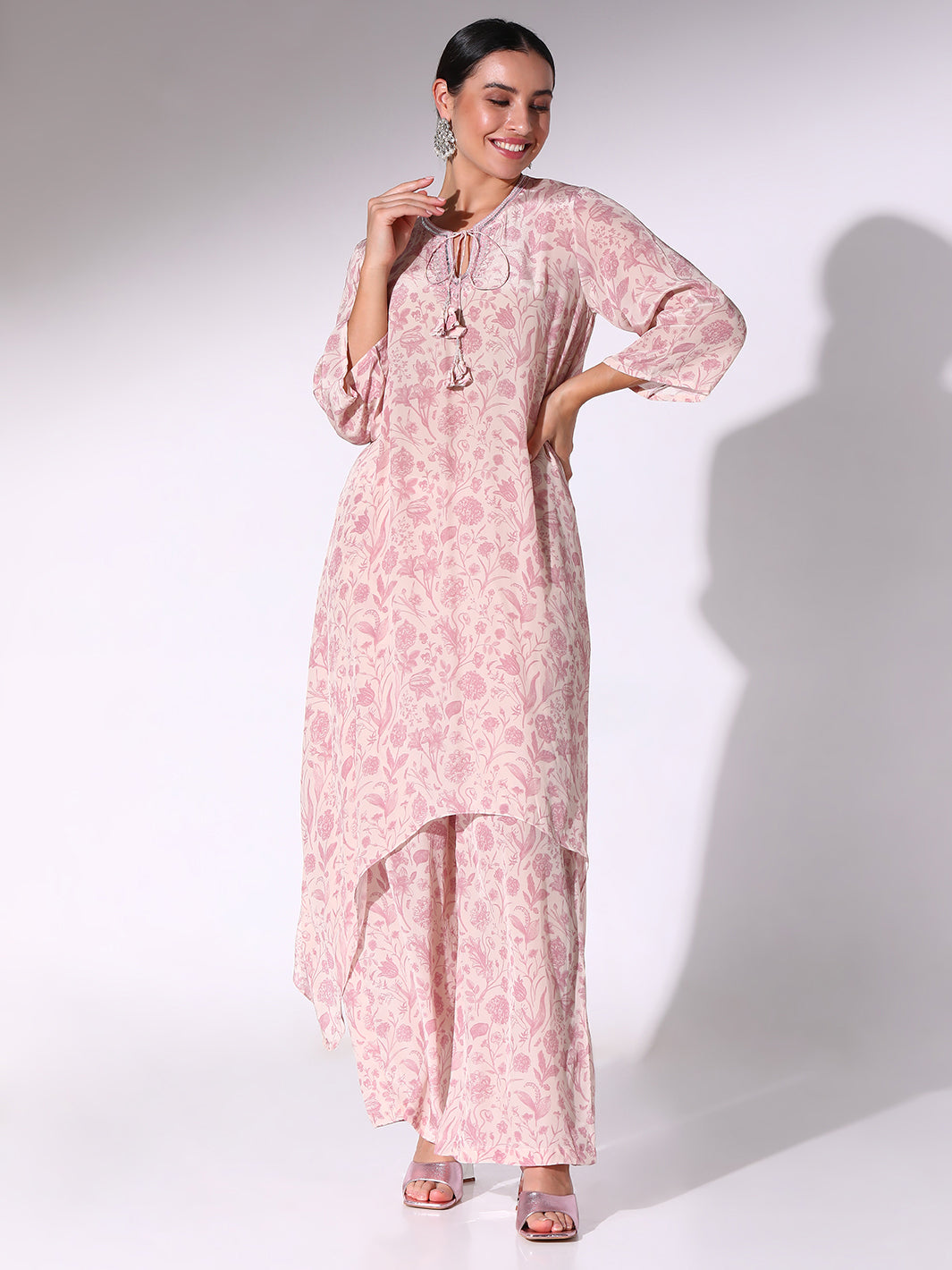 Blush Pink Floral Tunic With Neck Tie-up And Pants