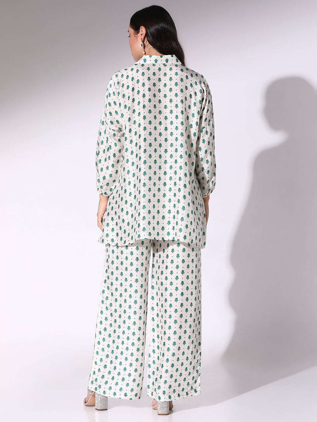 Pine Green Dotted Motif Shirt Style Tunic And Pants Co-ord Set