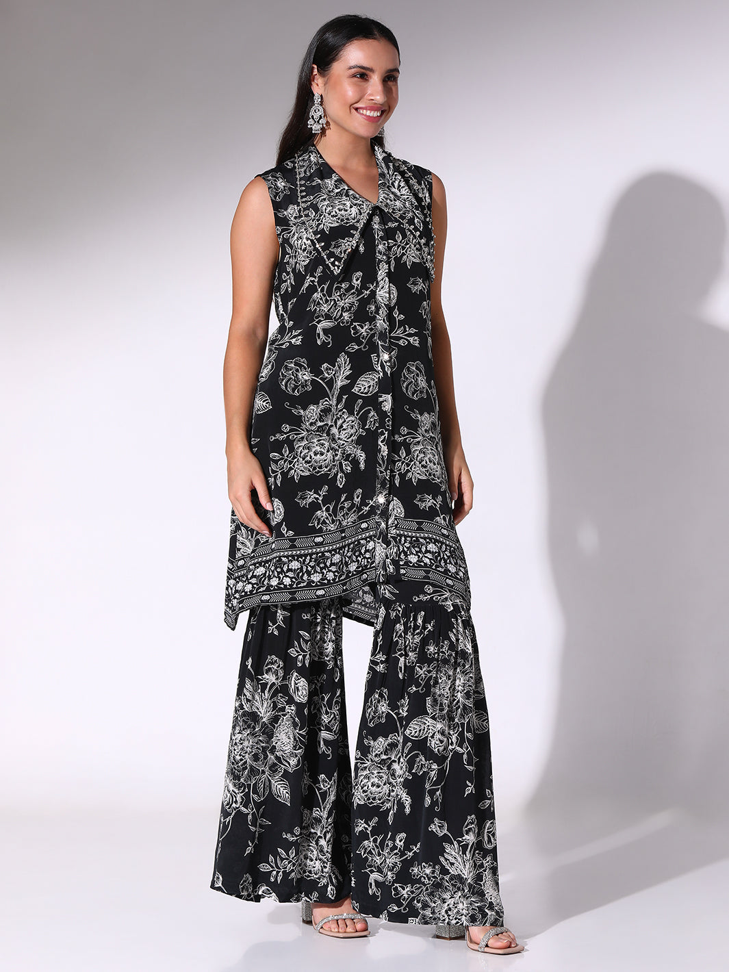 Black Sleeveless Floral Printed Tunic With Sharara Pants