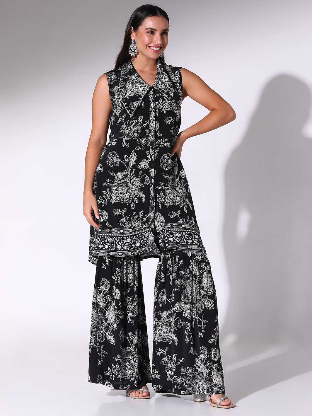 Black Sleeveless Floral Printed Tunic With Sharara Pants