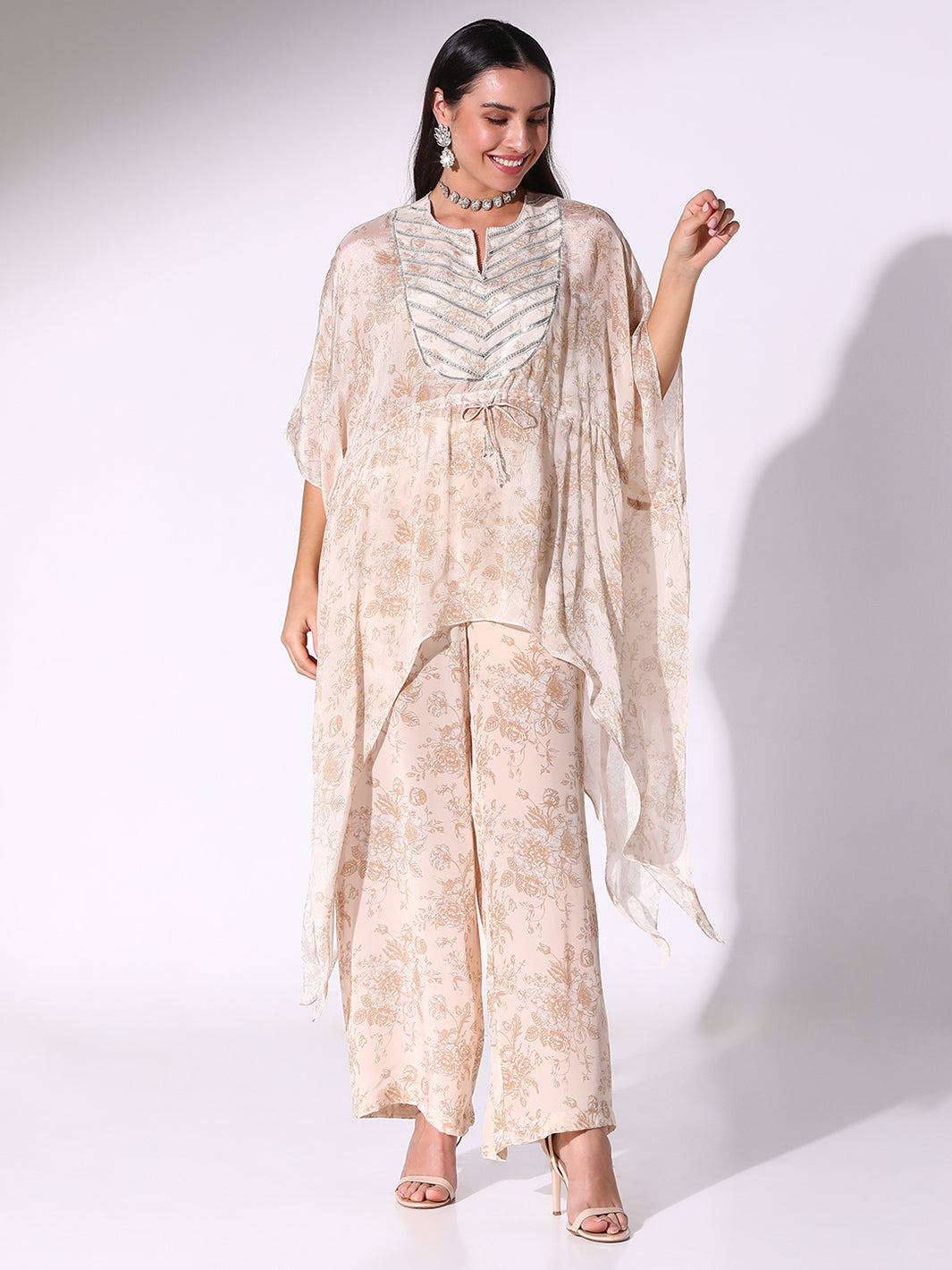 Beige Kaftan With Drawstring And Straight Pants