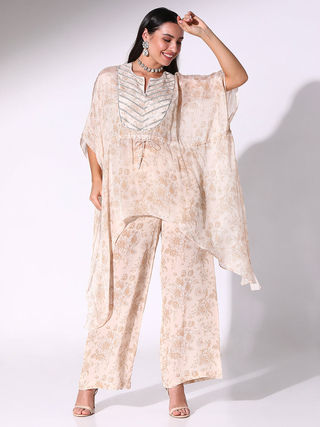 Beige Kaftan With Drawstring And Straight Pants