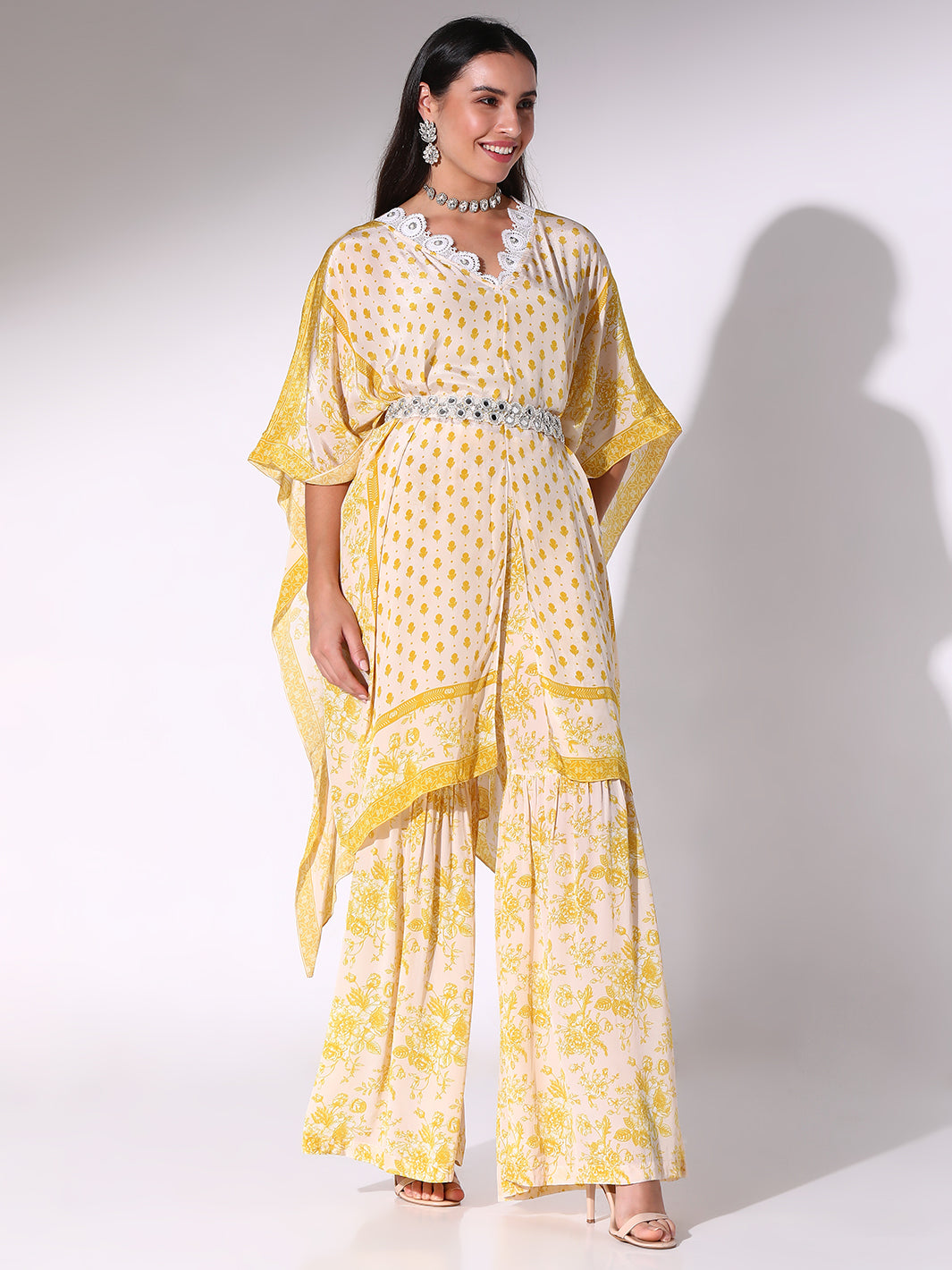 Yellow Printed Kaftan & Sharara Pants