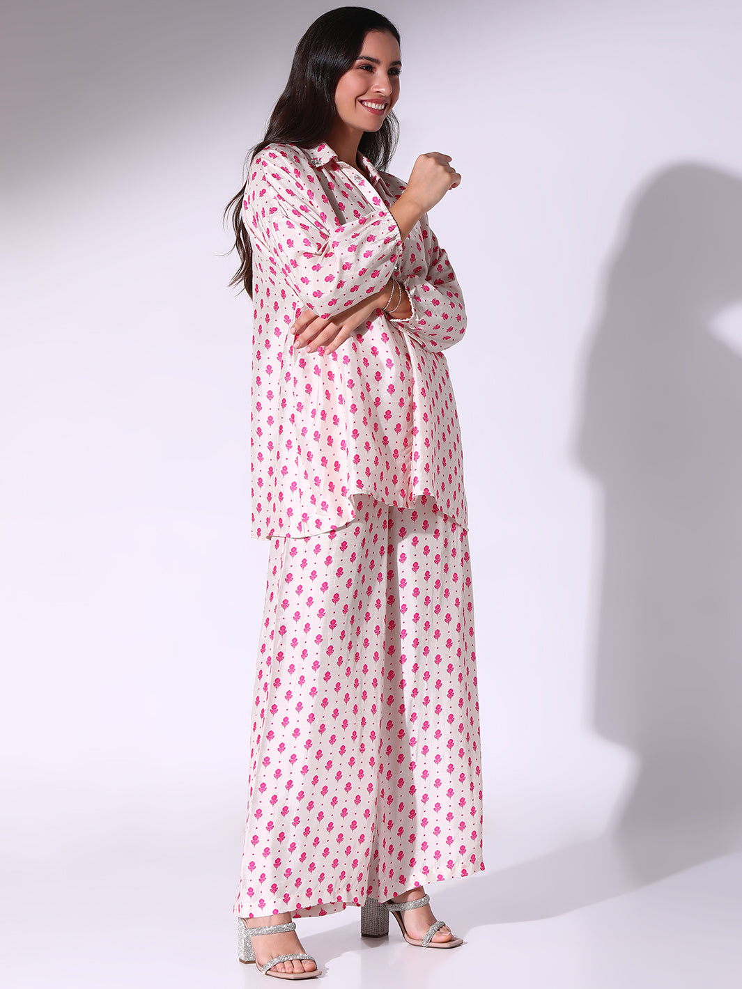 Pink Dotted Motif Shirt Style Tunic And Pants Co-ord Set