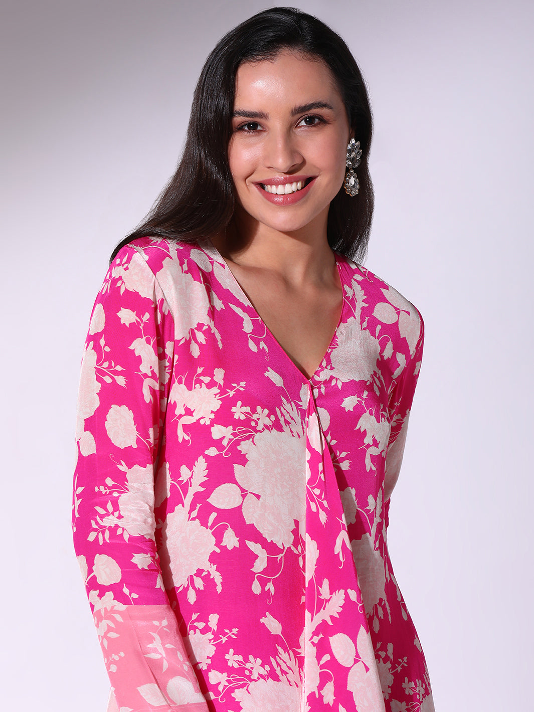 Hot Pink Tunic With Assymetrical Front Detail Paired With Bell Pants