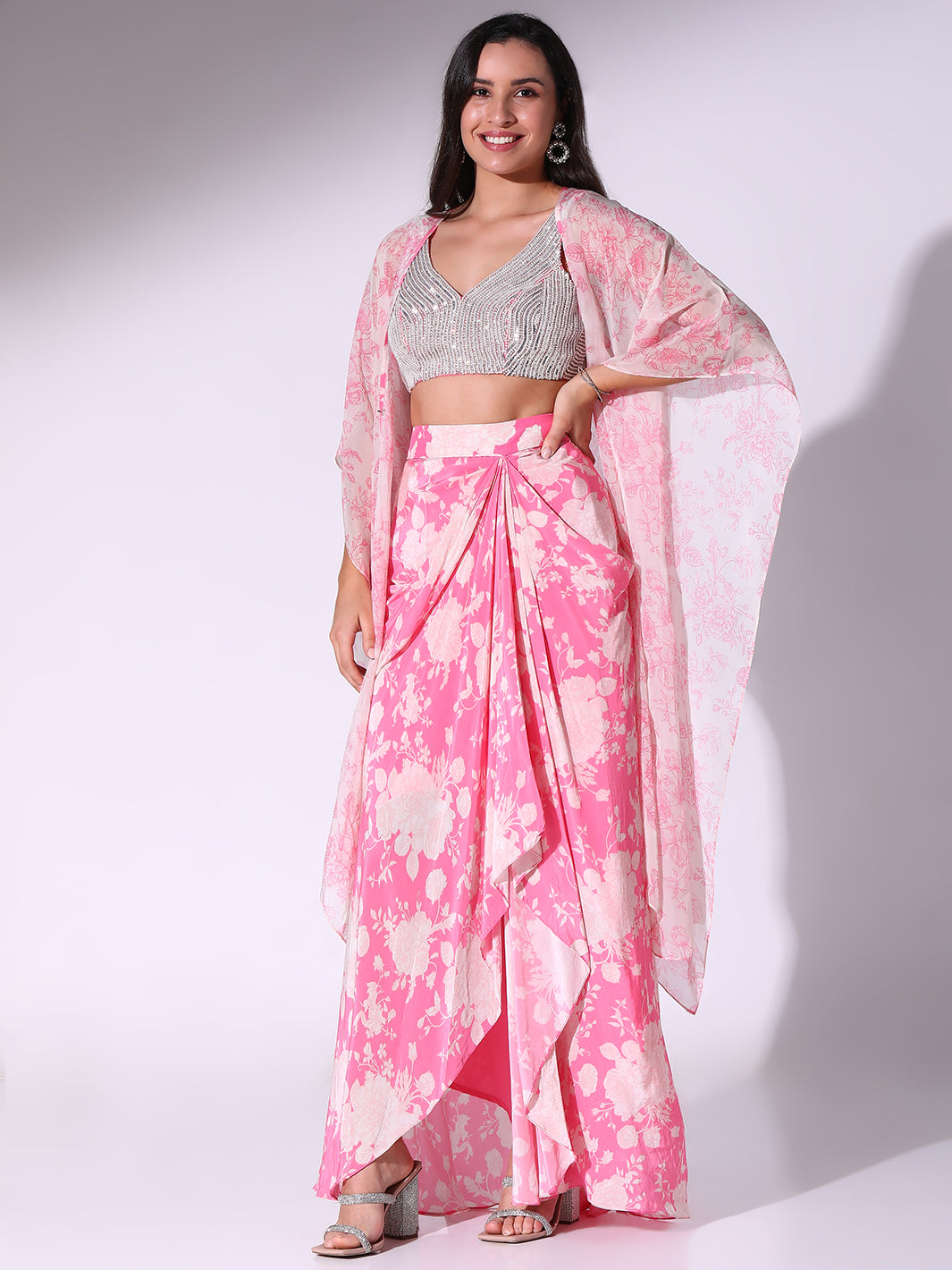 Pink Floral Printed Blouse, Skirt & Cape Set