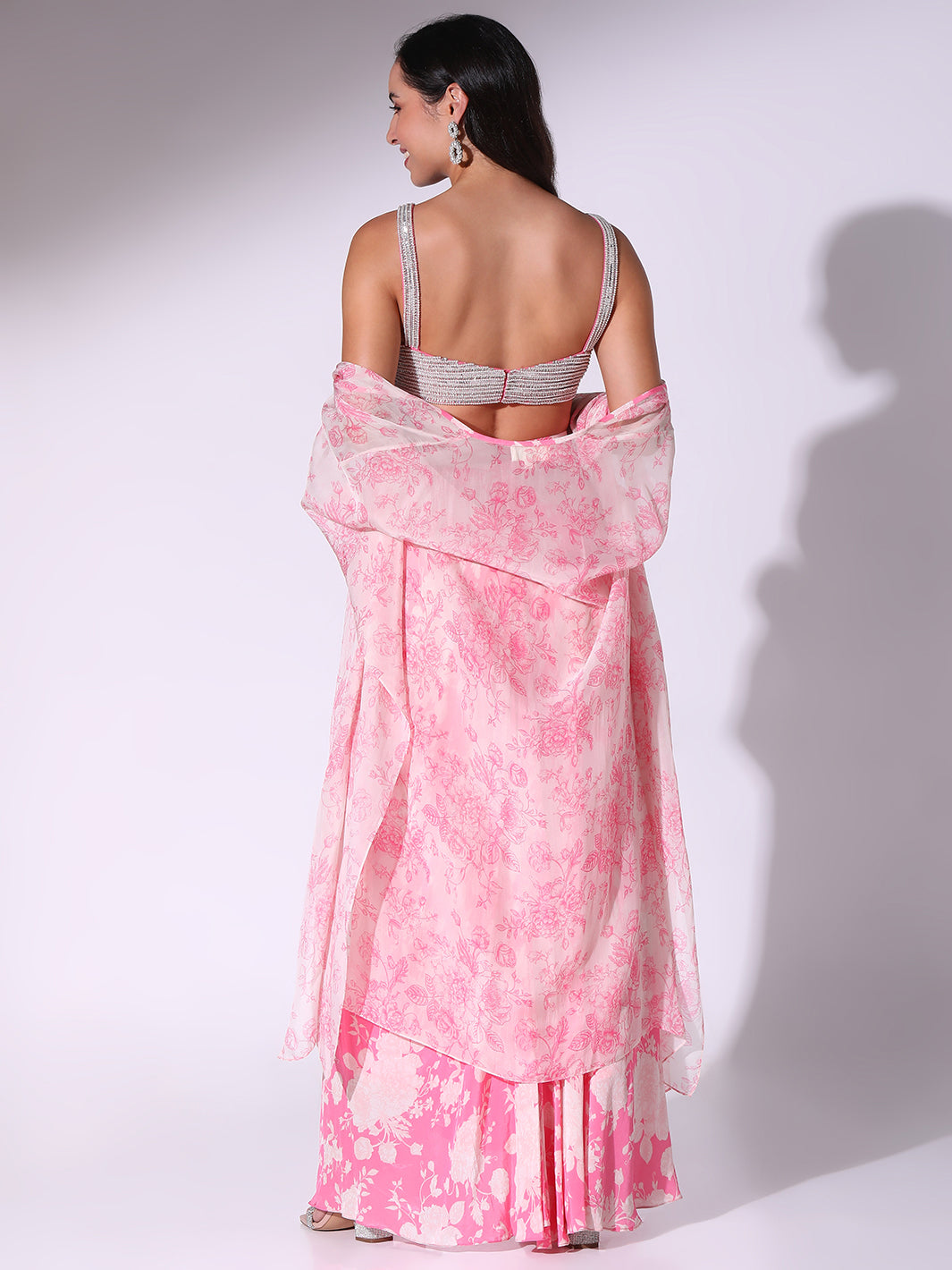 Pink Floral Printed Blouse, Skirt & Cape Set