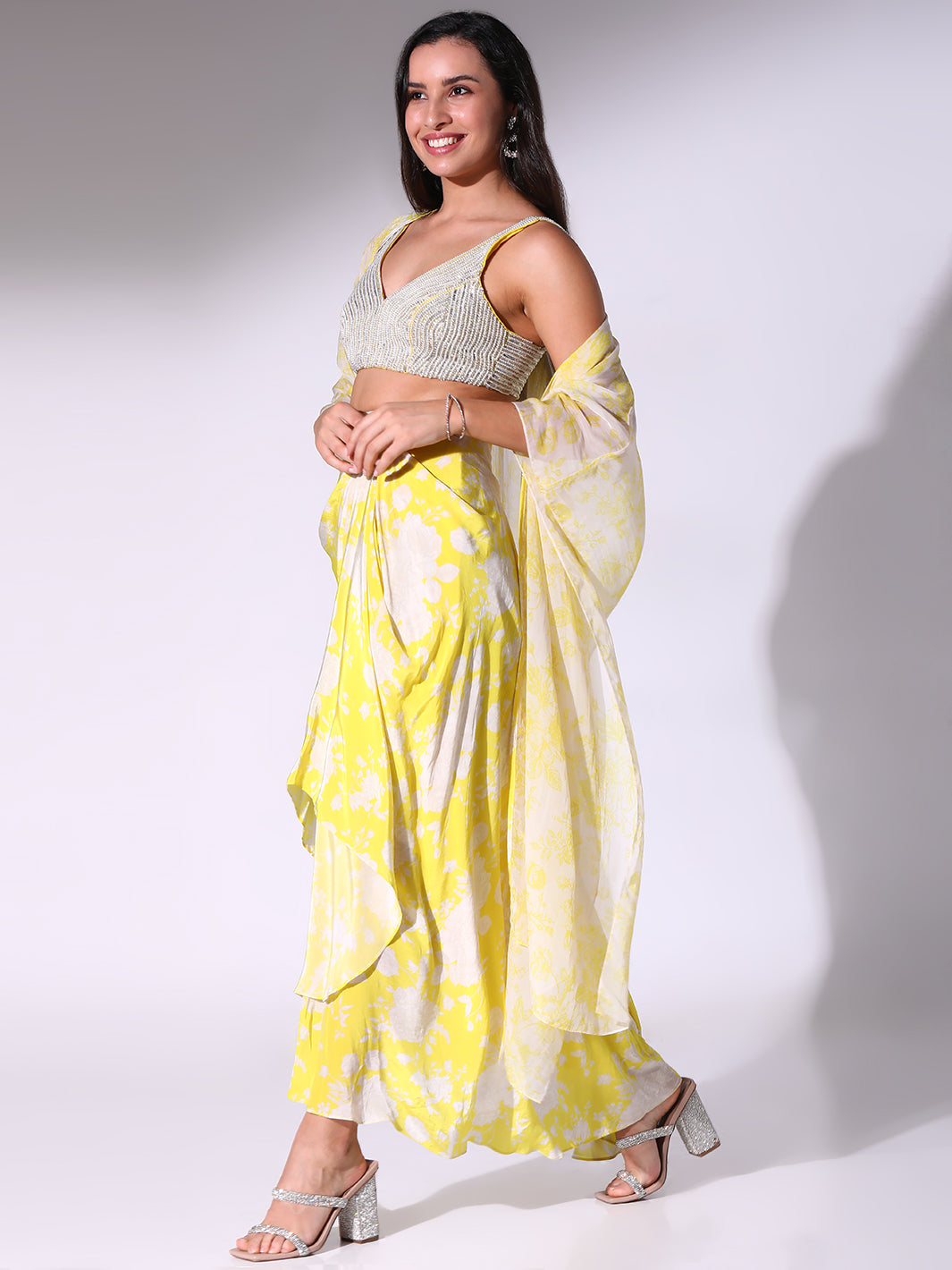 Buy White Blouse Net And Satin Hand Pre-stitched Ruffle Skirt Saree & Set  For Women by Tarini Vij Online at Aza Fashions.