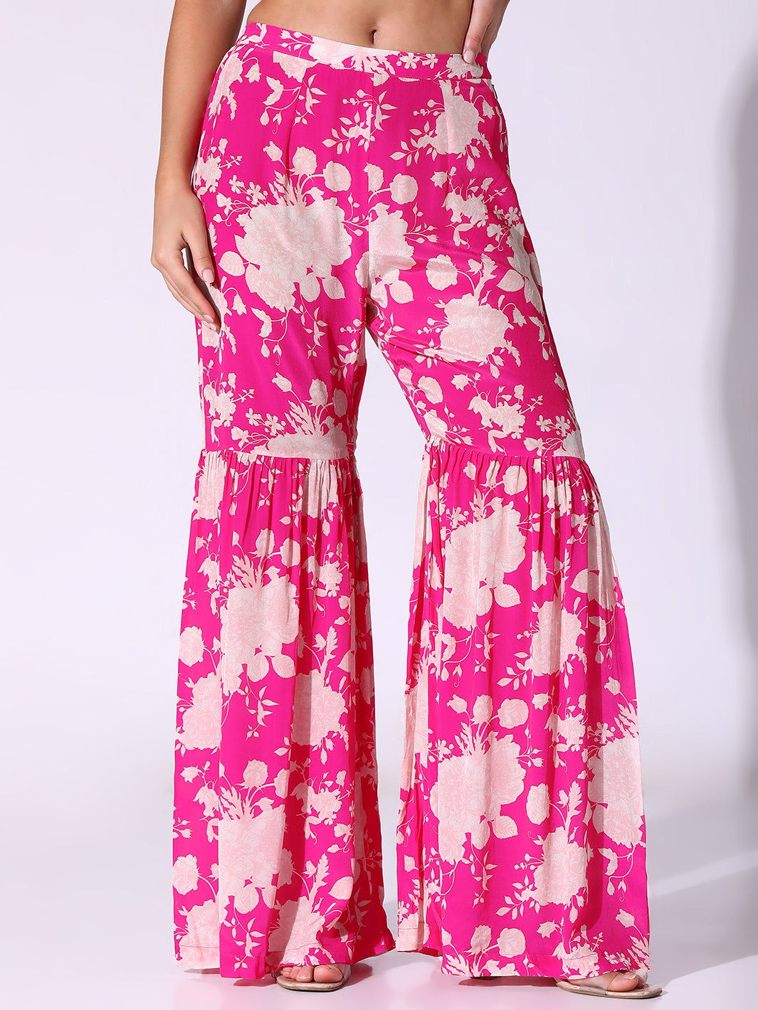 Hot Pink One Shoulder Gathered Tunic Paired With Sharara Pants