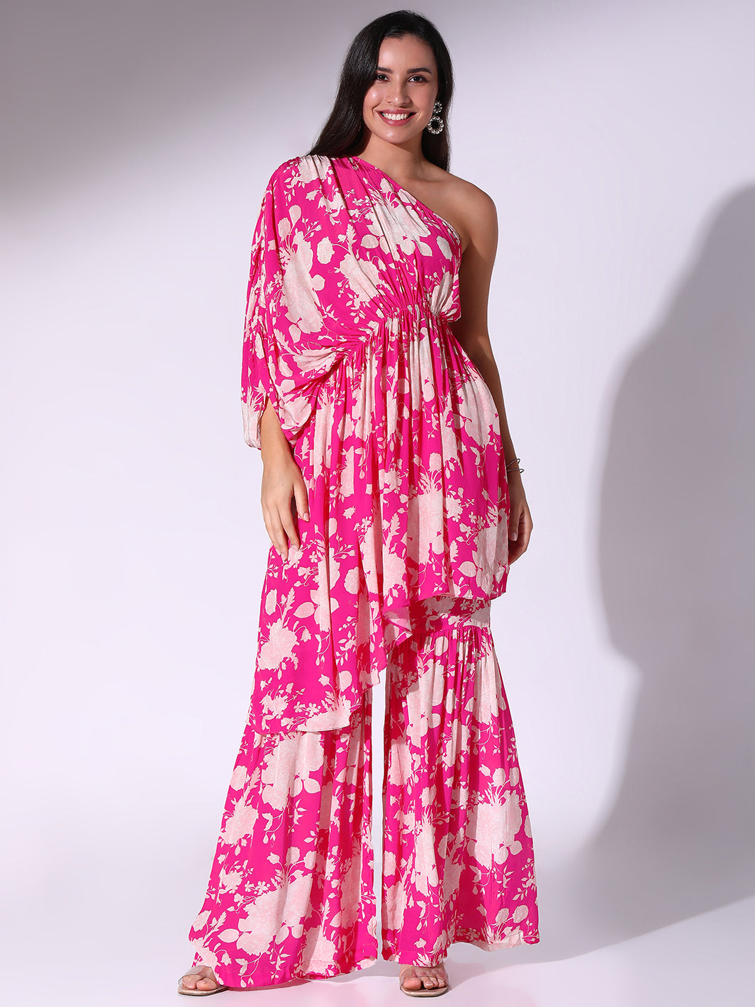 Hot Pink One Shoulder Gathered Tunic Paired With Sharara Pants
