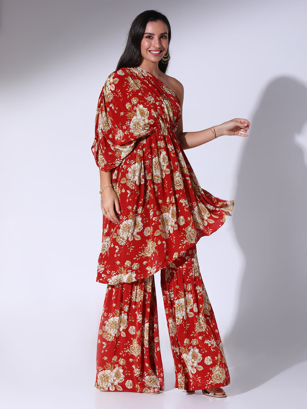 Red One Shoukder Gathered Tunic Paired With Sharara Pants