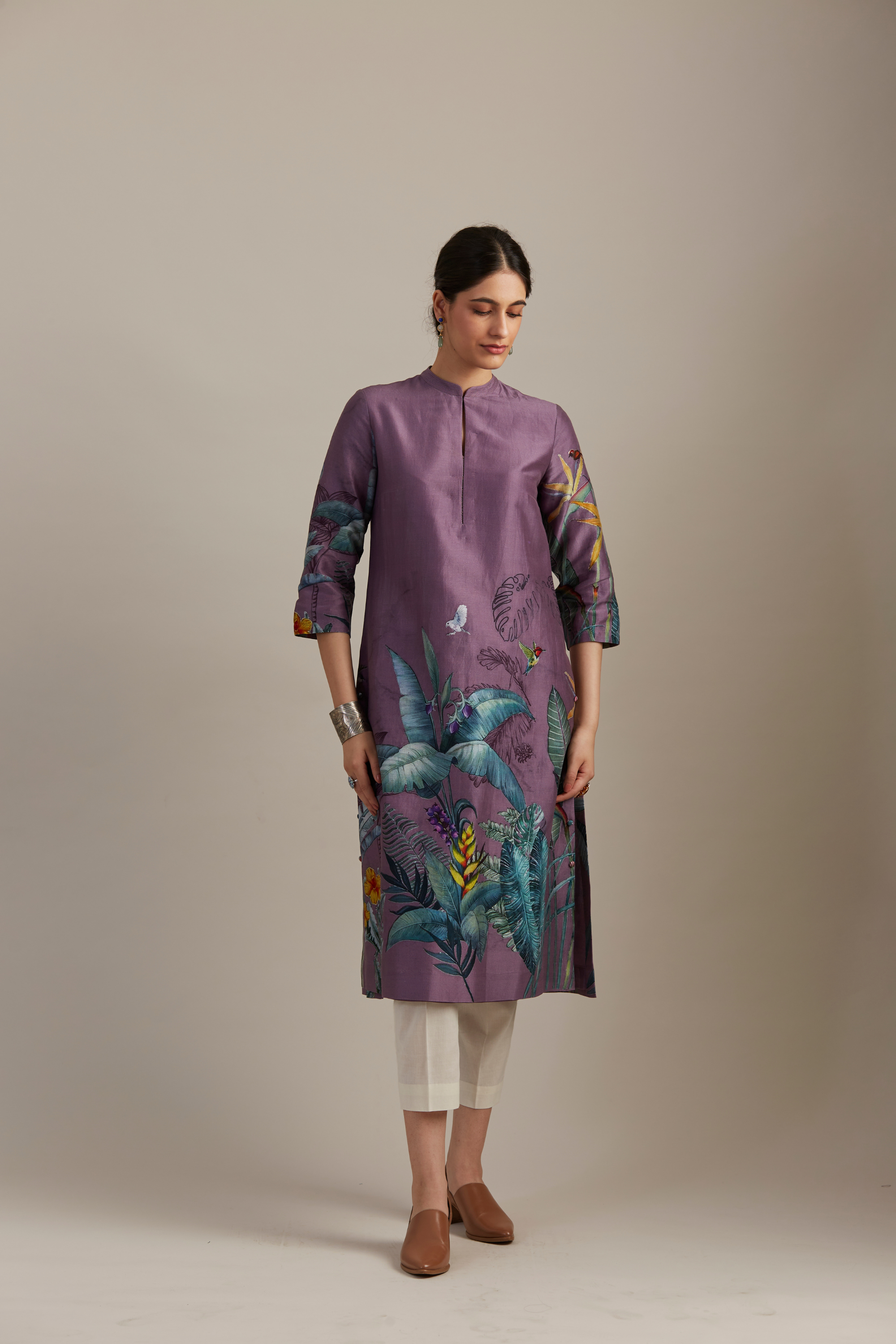 Lilac Silk Chanderi Kurta, Adorned With  Forest Print