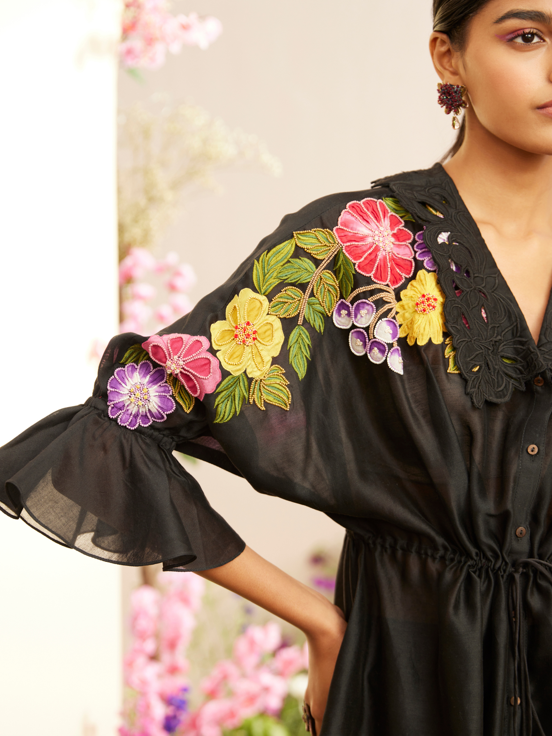 Black Applique Floral Kimono Shirt