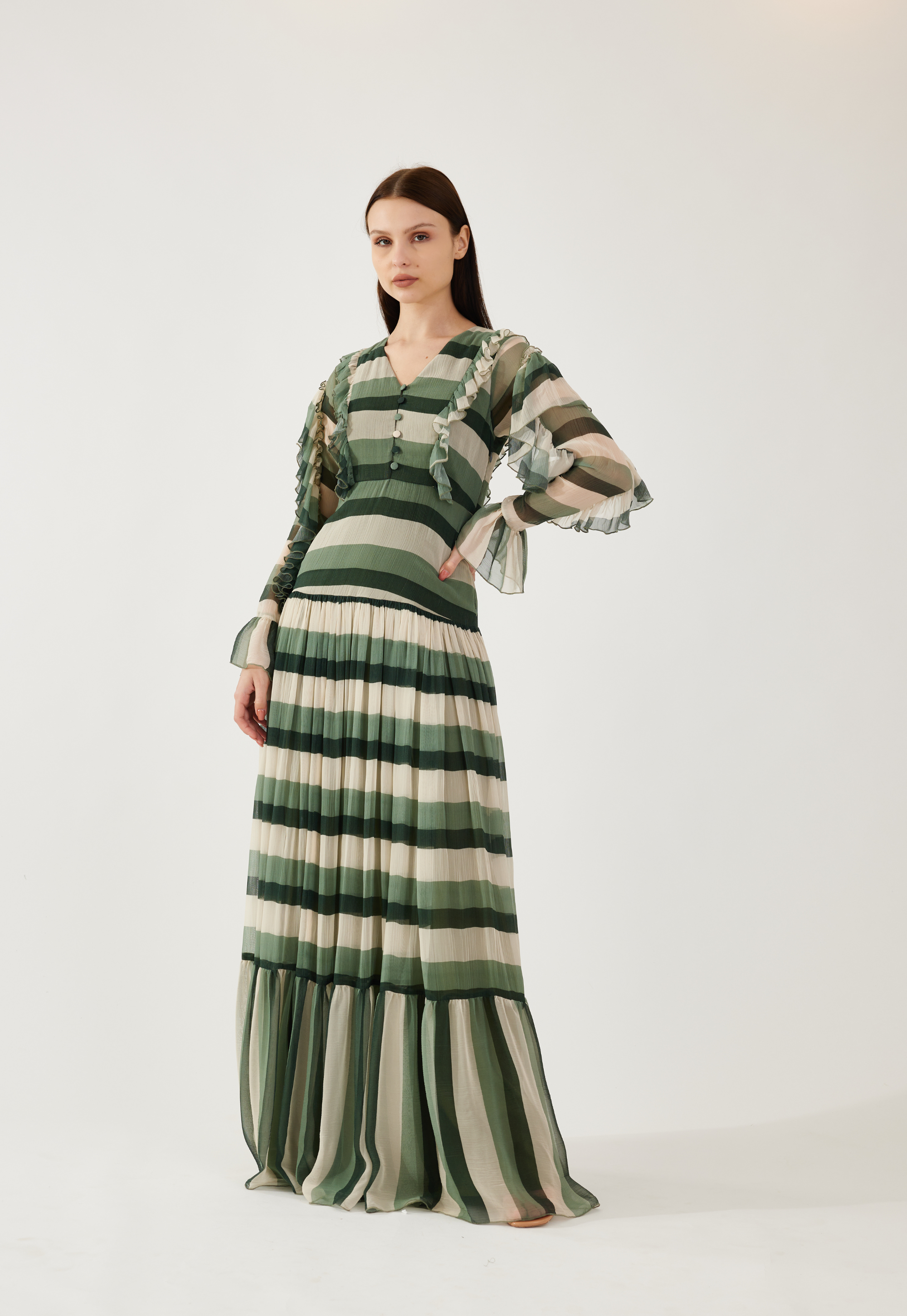 Beige, olive and green stripe long dress