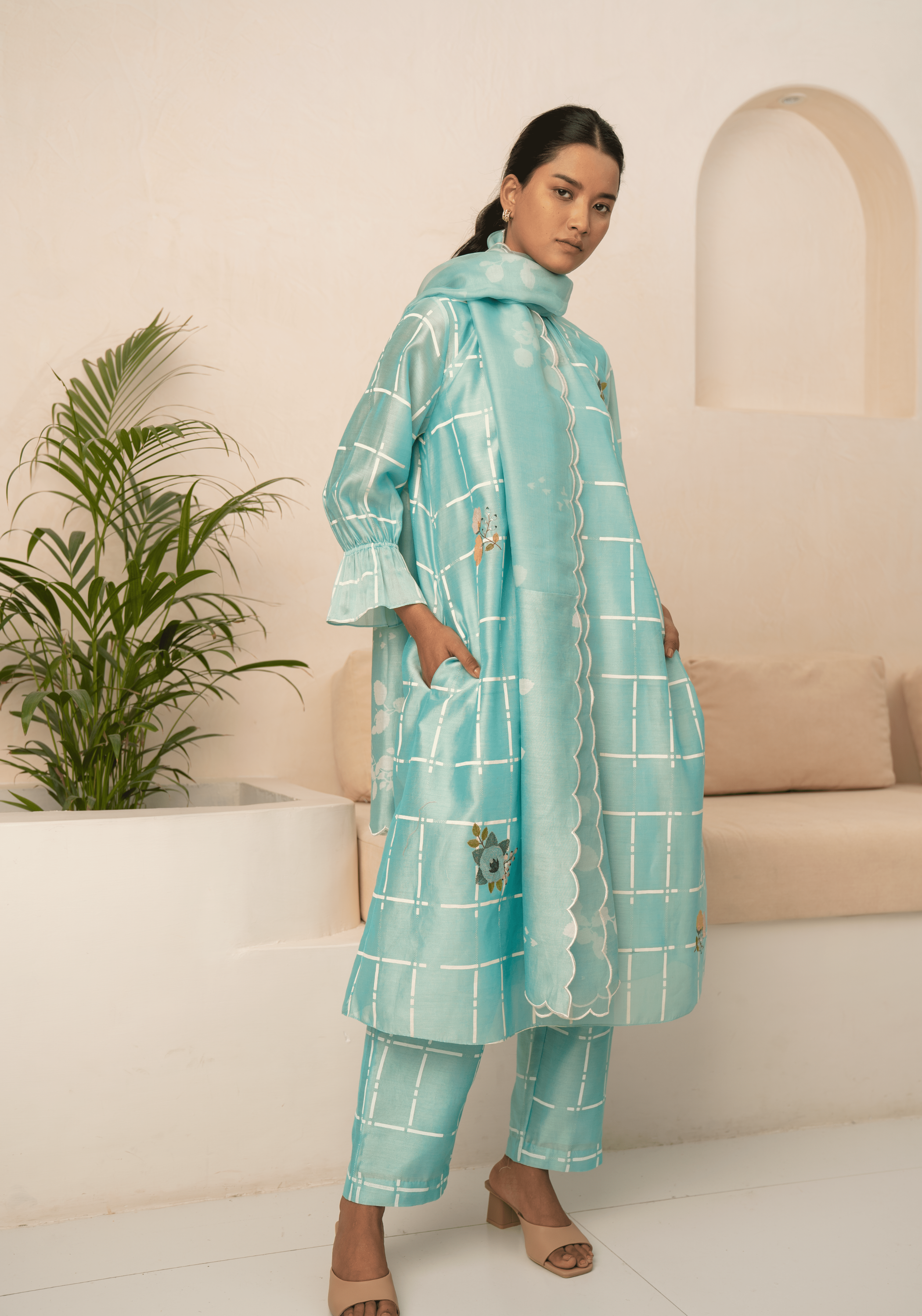Mint Checks Printed Tunic And Pant With Dupatta