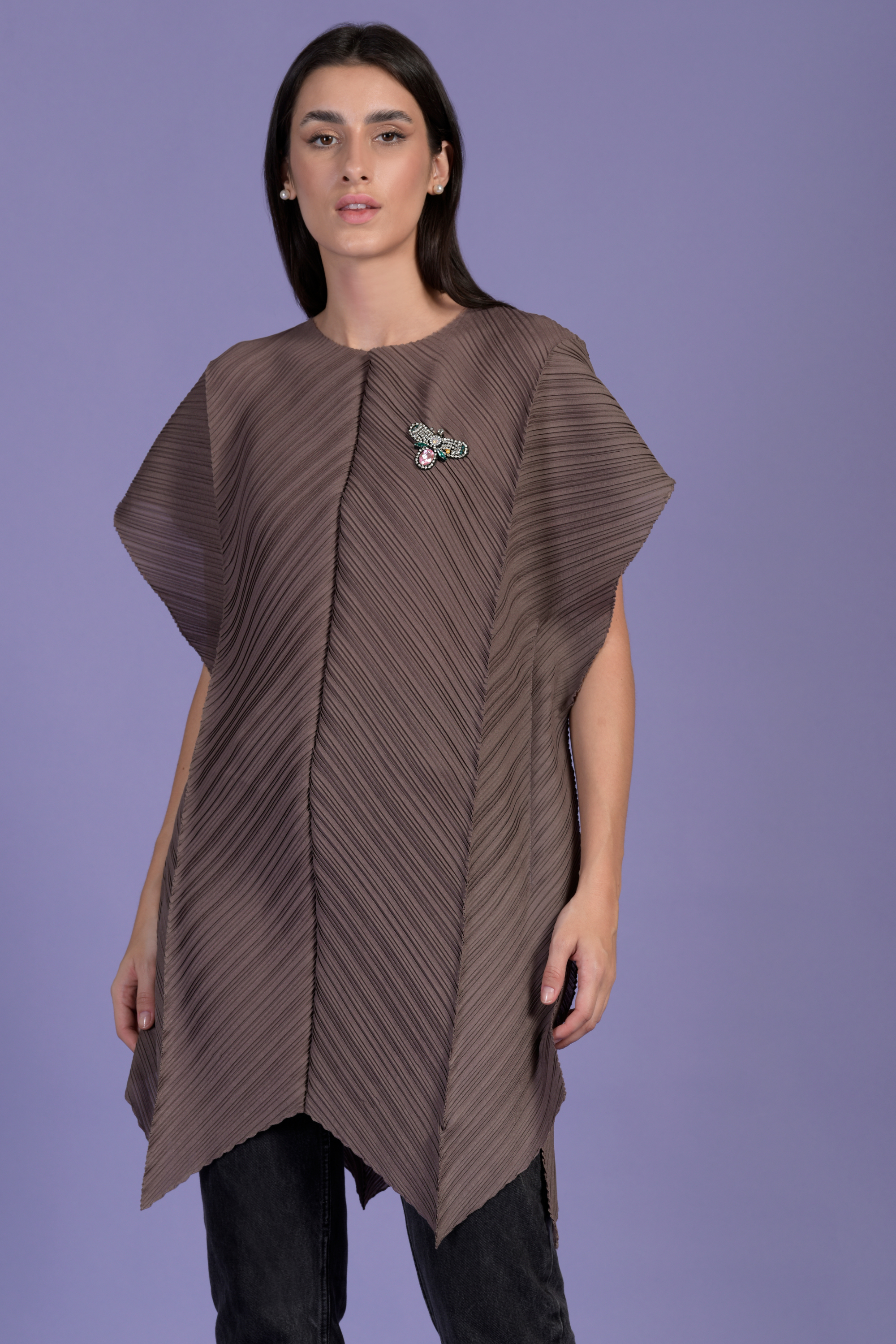 Pleated Long Top- Brown