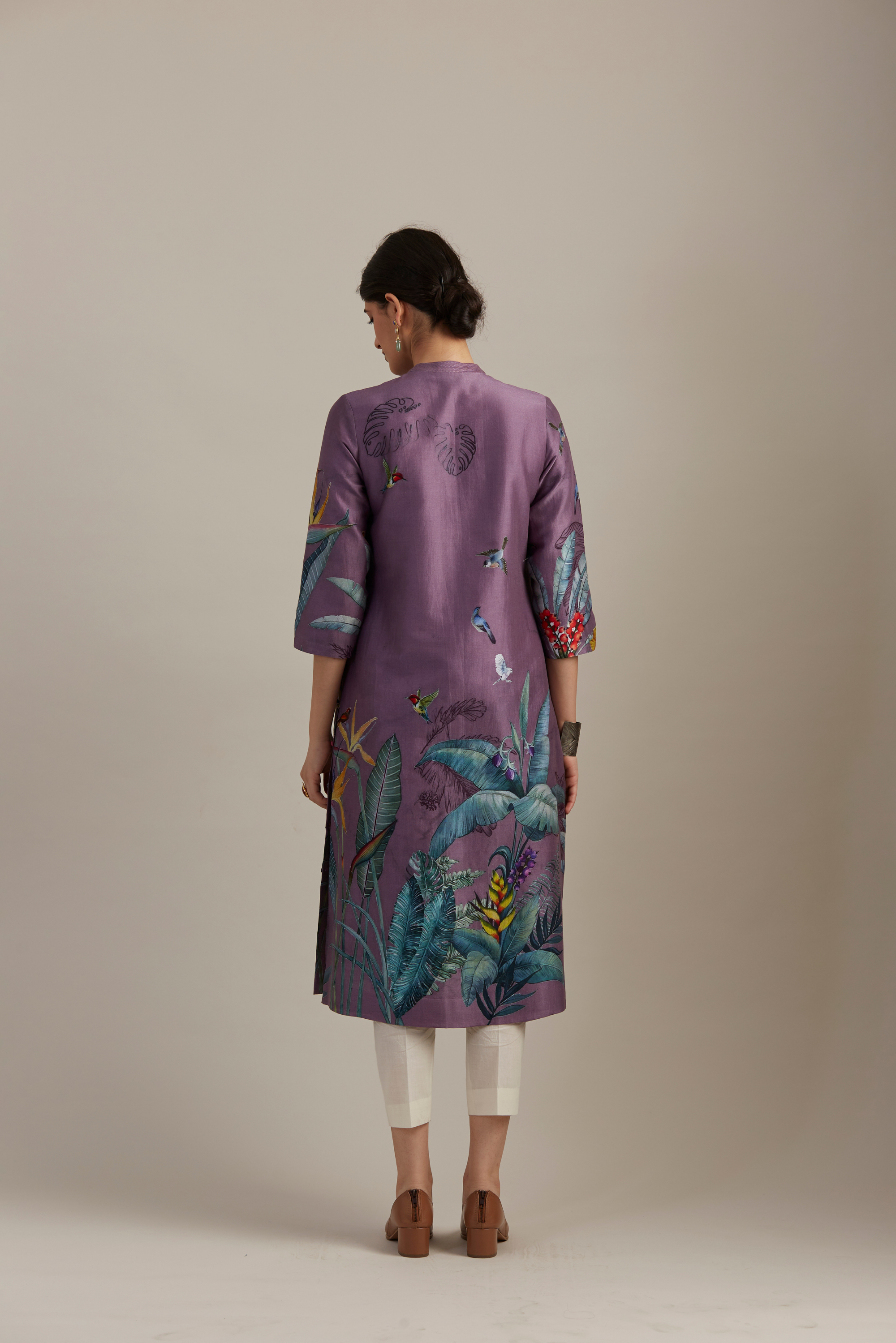 Lilac Silk Chanderi Kurta, Adorned With  Forest Print
