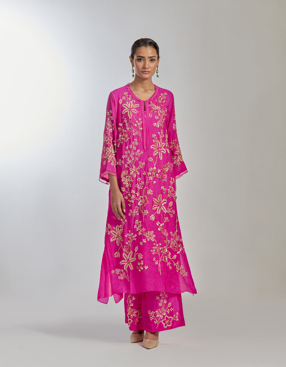 Kurta Set - Hot Pink Color Silk Kurta Set With Intricate Floral Hand Embroidery