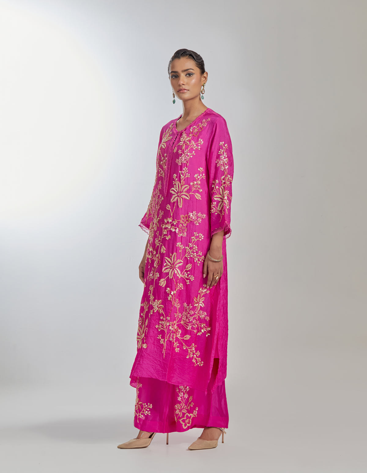 Kurta Set - Hot Pink Color Silk Kurta Set With Intricate Floral Hand Embroidery