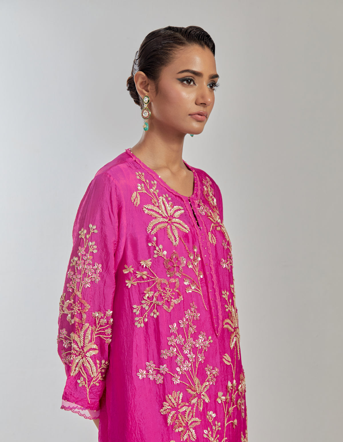 Kurta Set - Hot Pink Color Silk Kurta Set With Intricate Floral Hand Embroidery