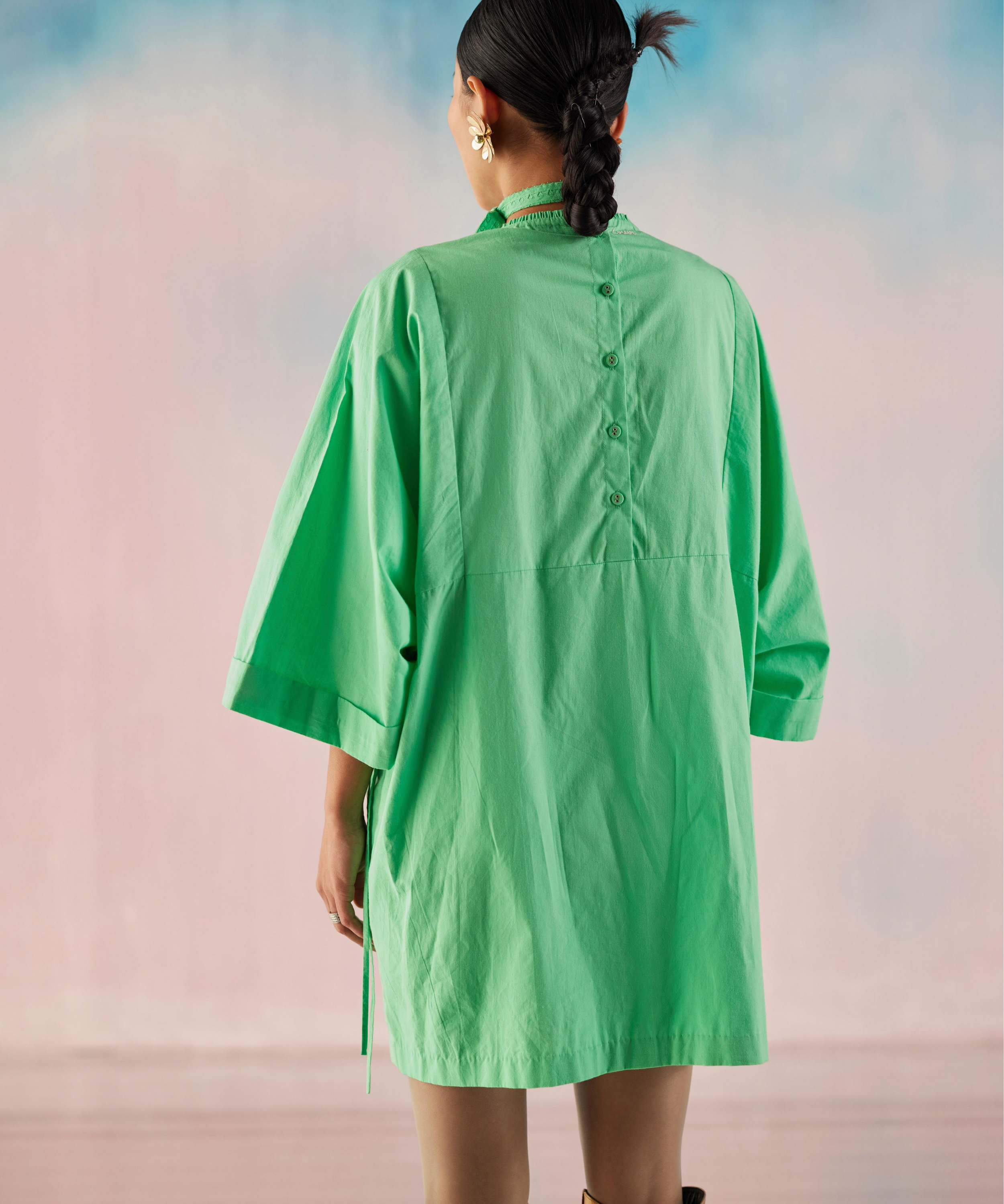 Summer Green Smocked Yoke Poplin Drawstring Sleeve Detail Dress