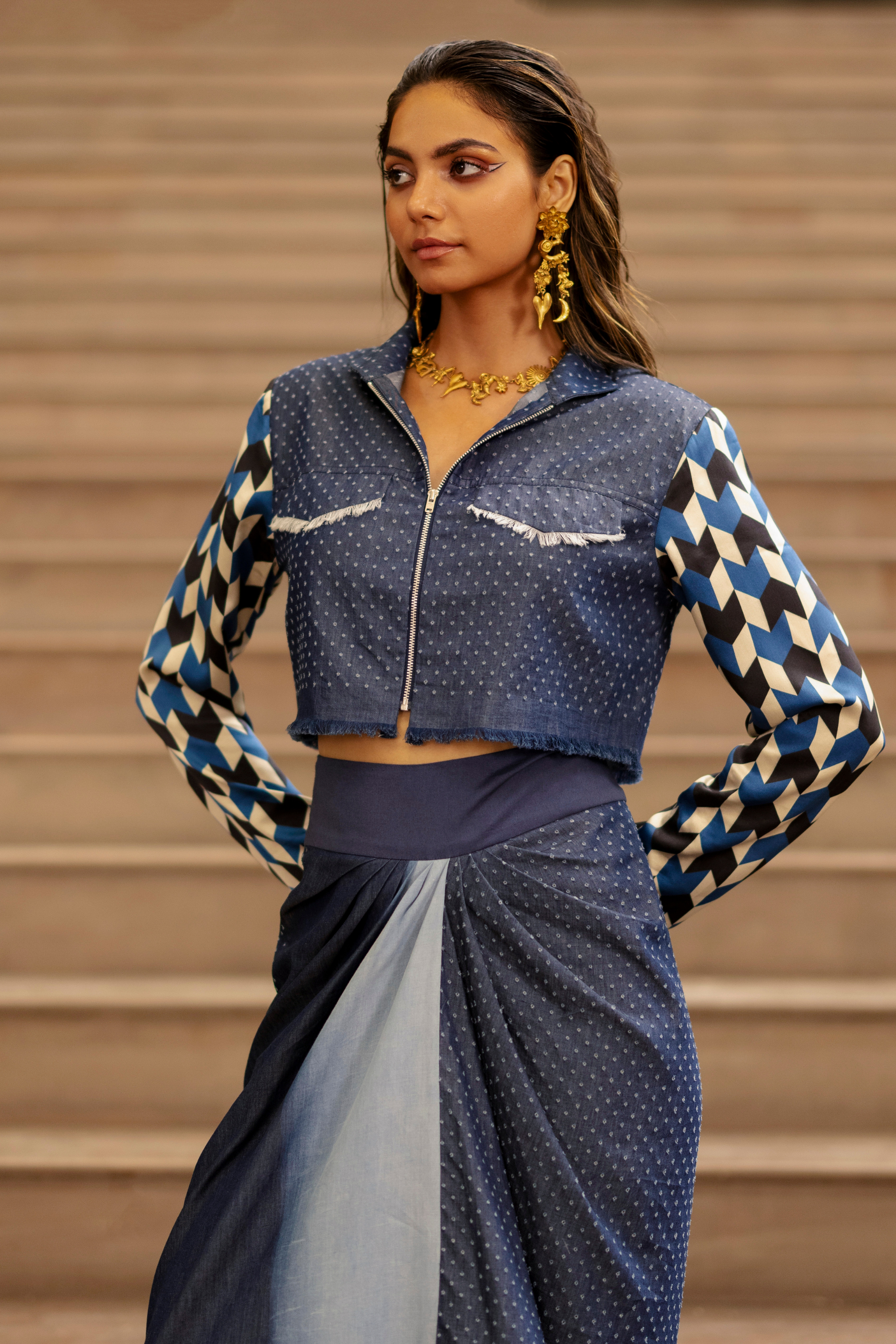 Denim Crop Jacket With Knotted Skirt