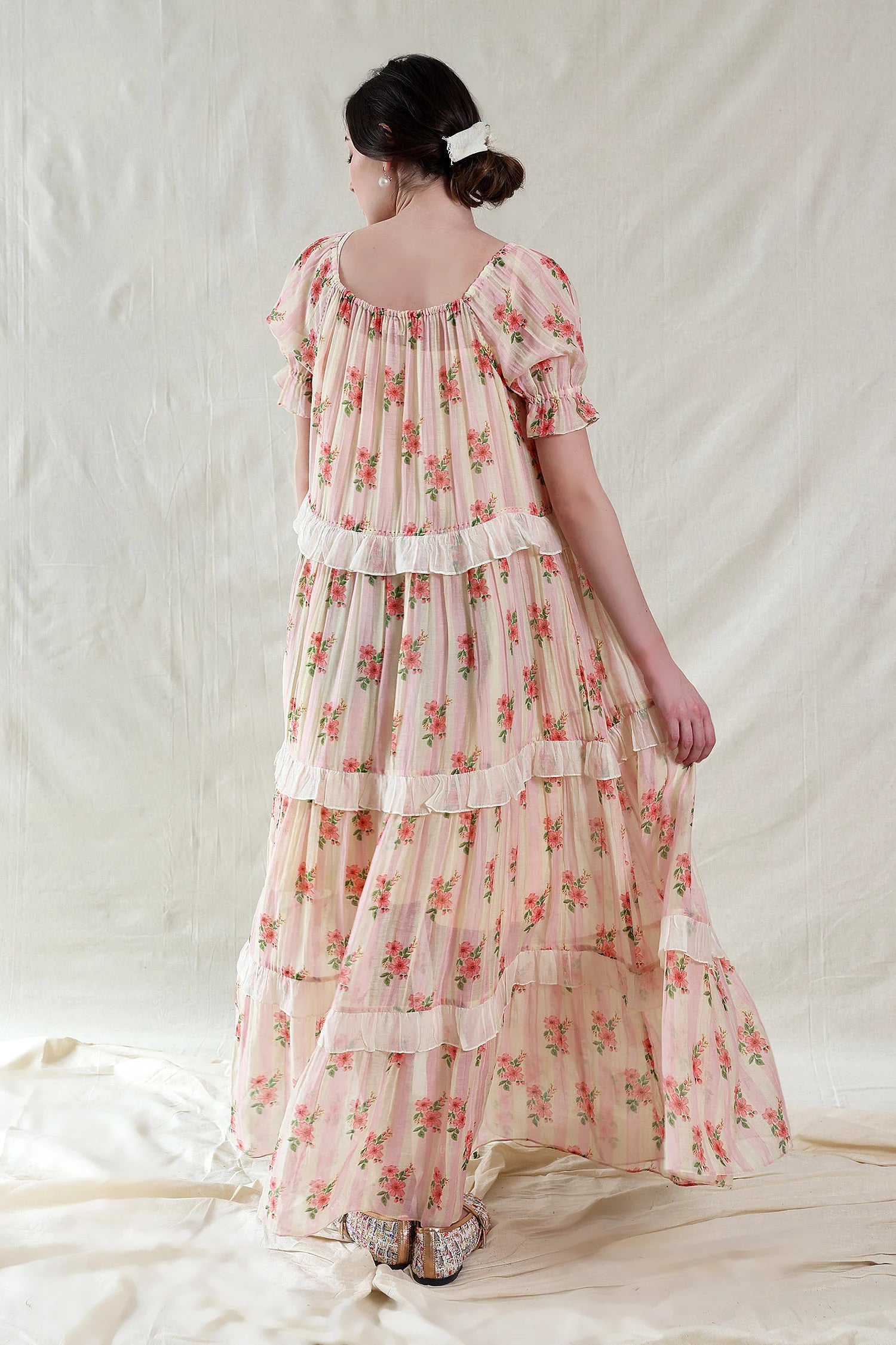 Pink Silk, Cotton Scoop Neck Floral Maxi Handwoven Dress And Slip Set