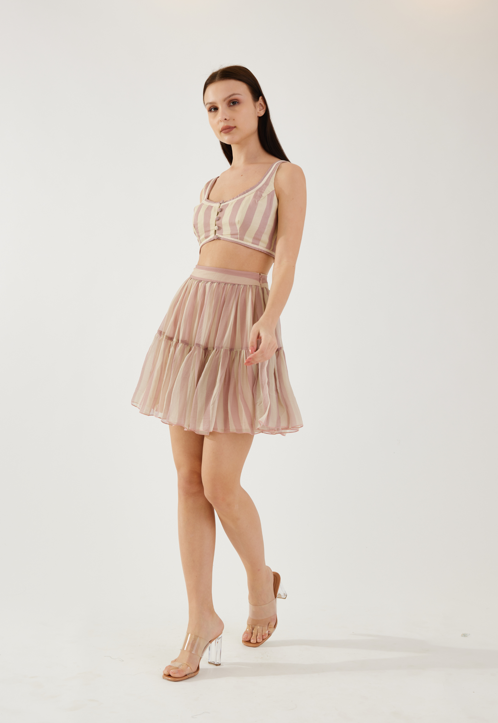 Rose pink and cream stripe short skirt