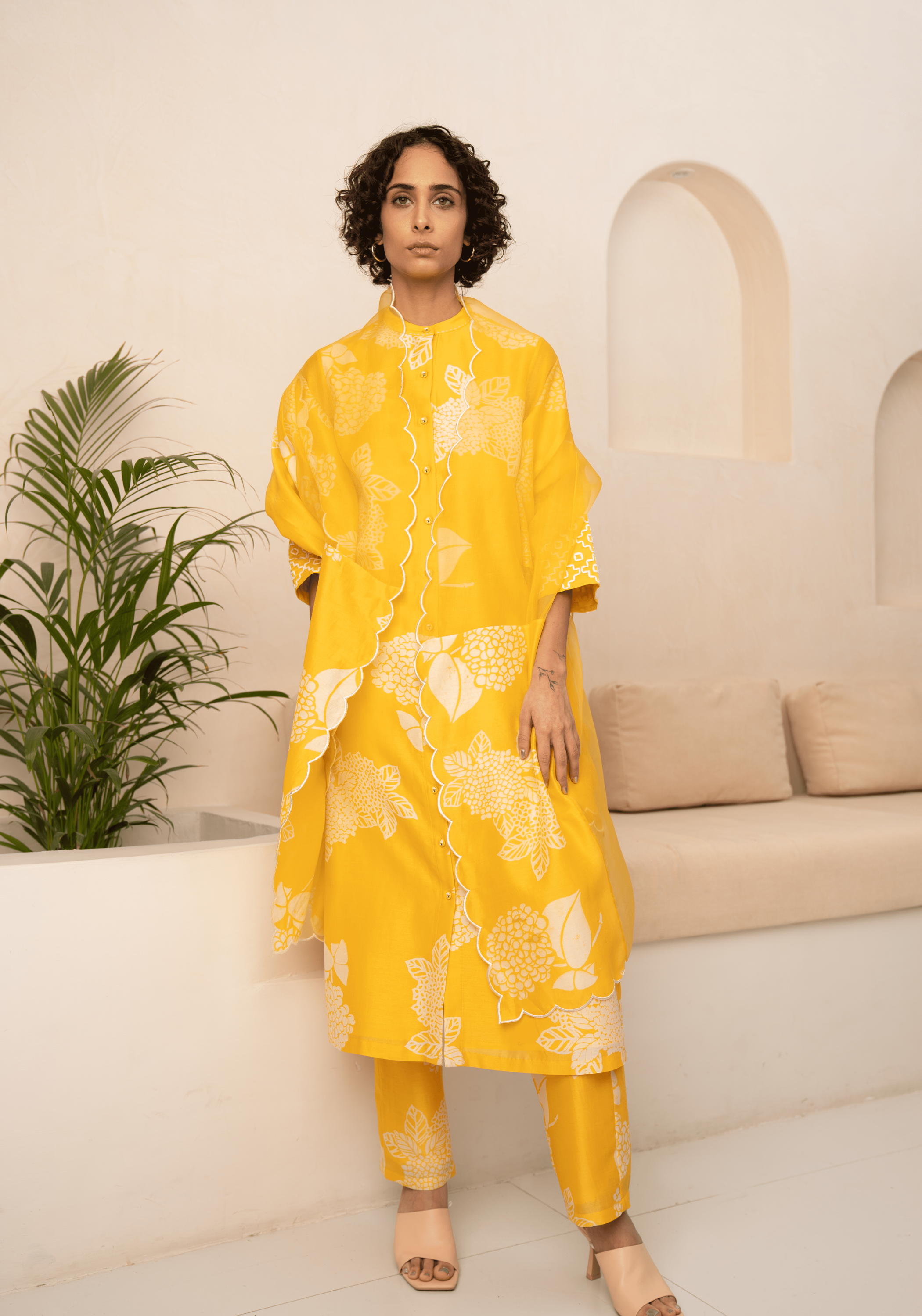 Yellow Floral Printed Tunic And Pant With Dupatta