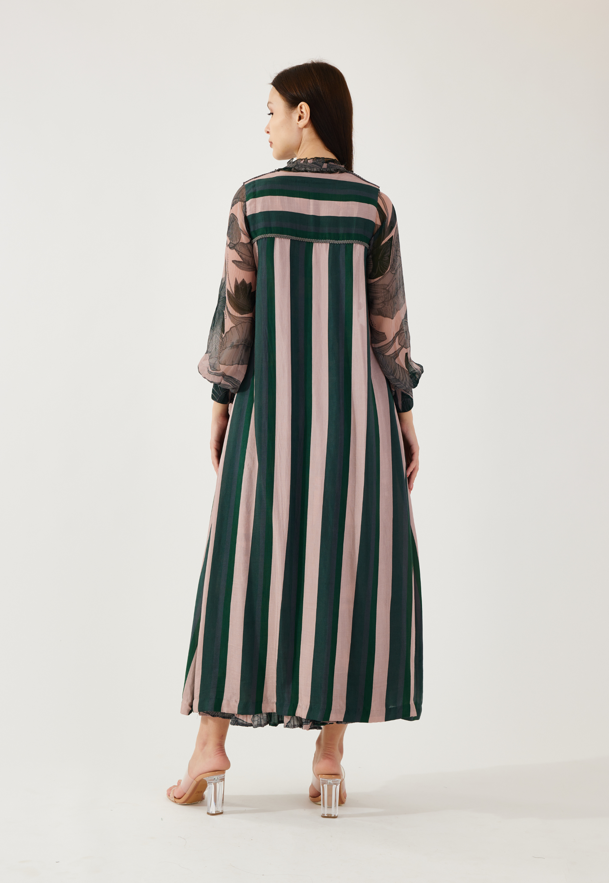 Green, peach and black stripe sleeveless cape