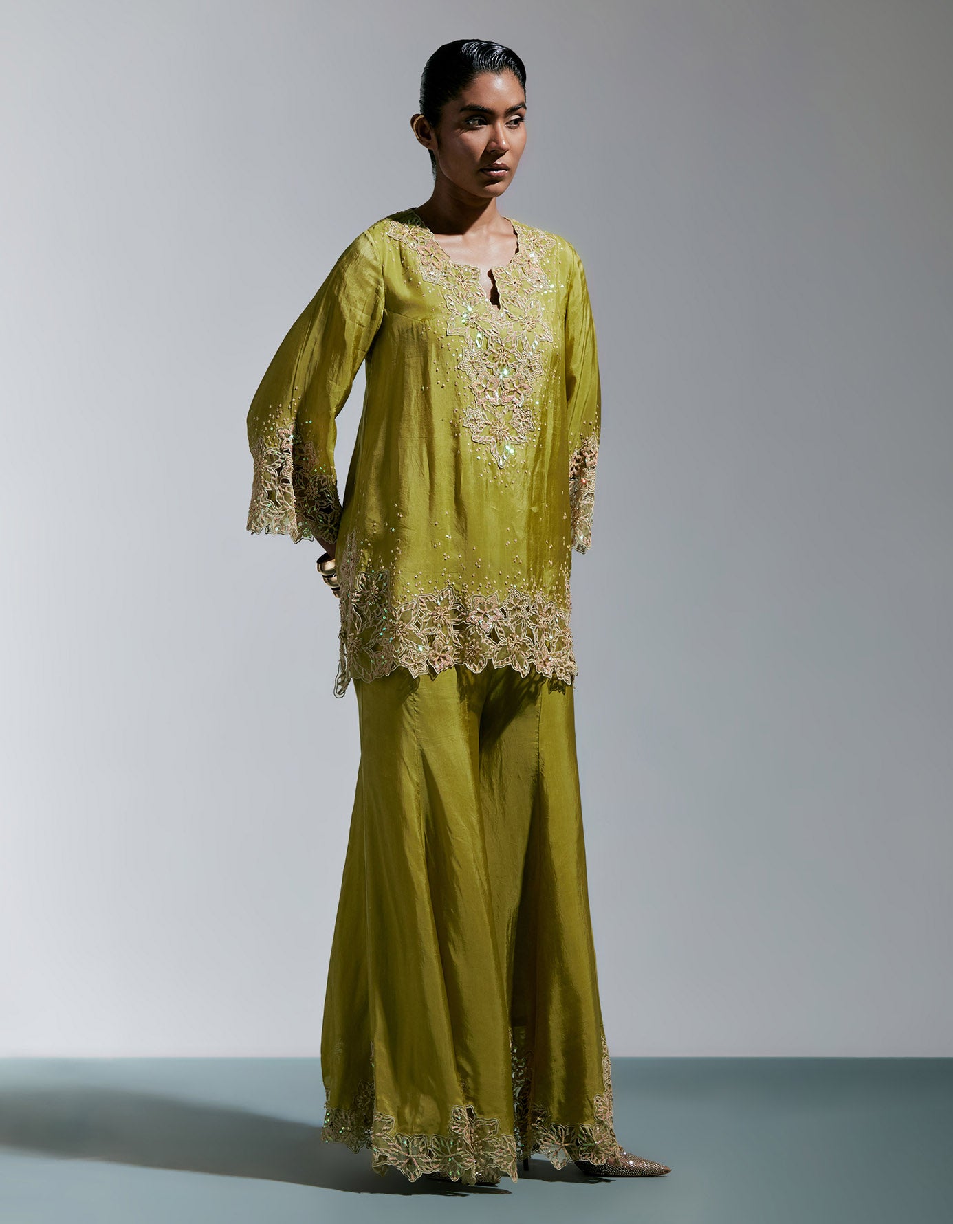Henna Silk Sharara Set With Floral Thread Work