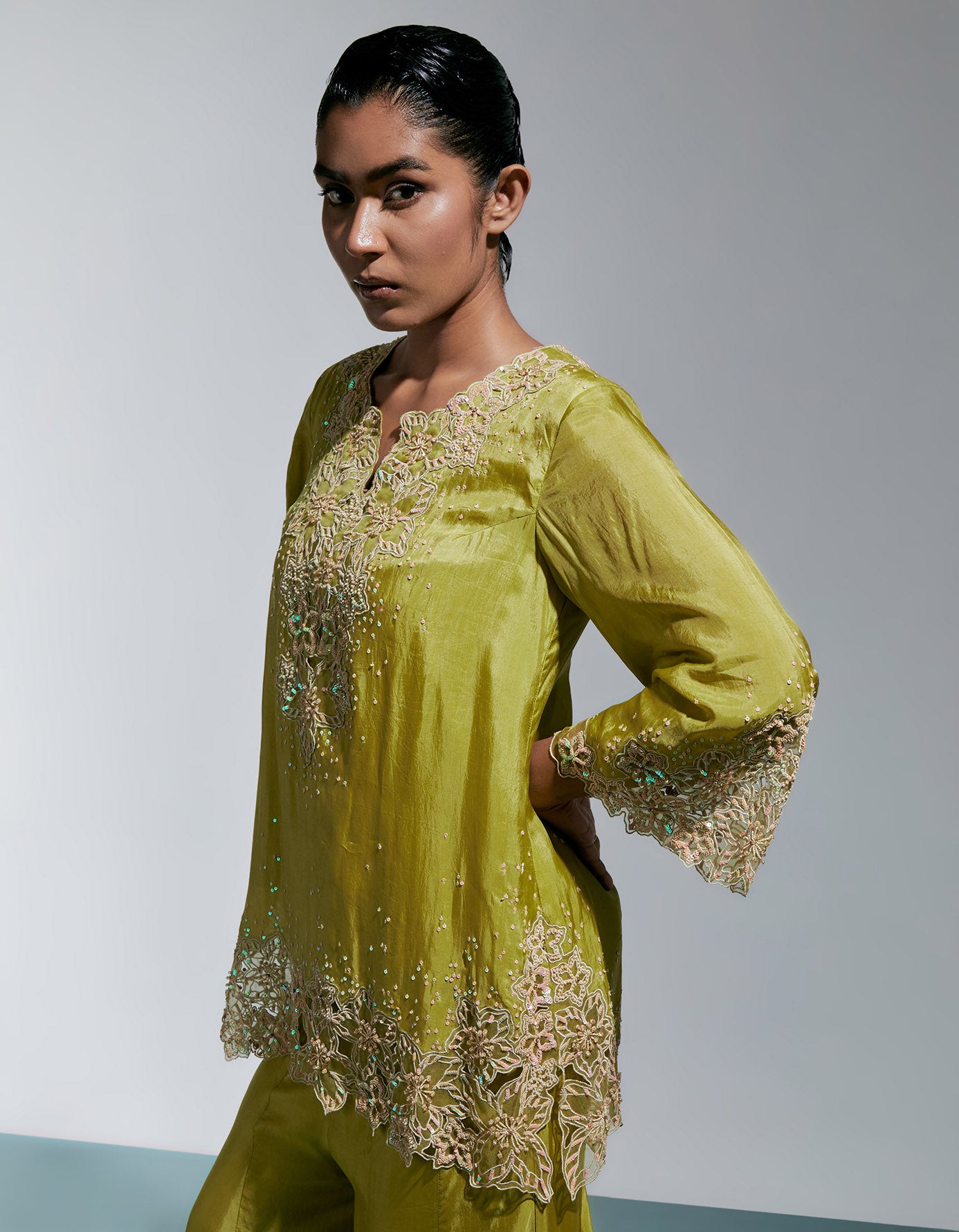 Henna Silk Sharara Set With Floral Thread Work