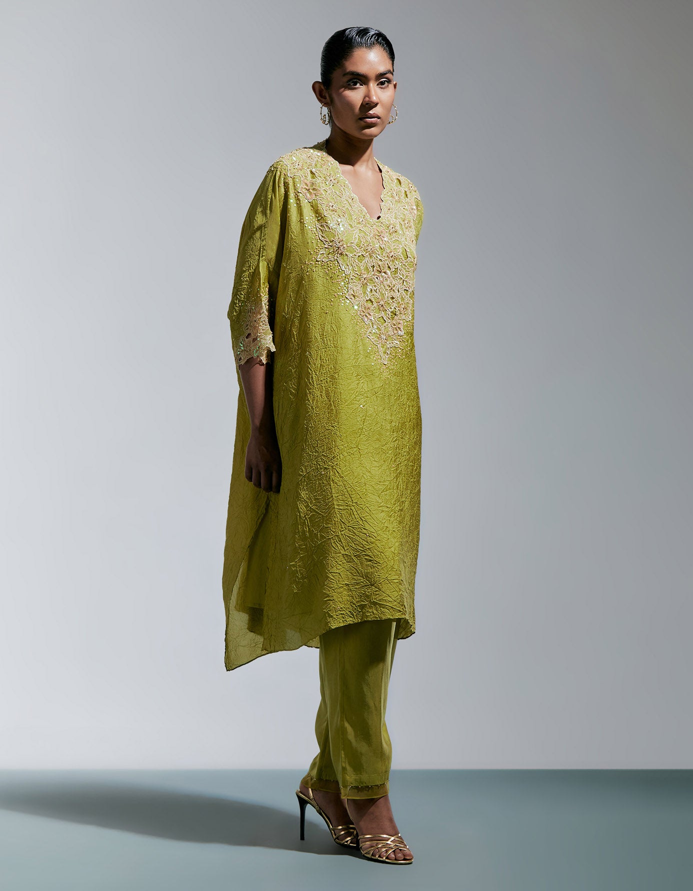 Henna Silk Kurta Set With Floral Thread Work