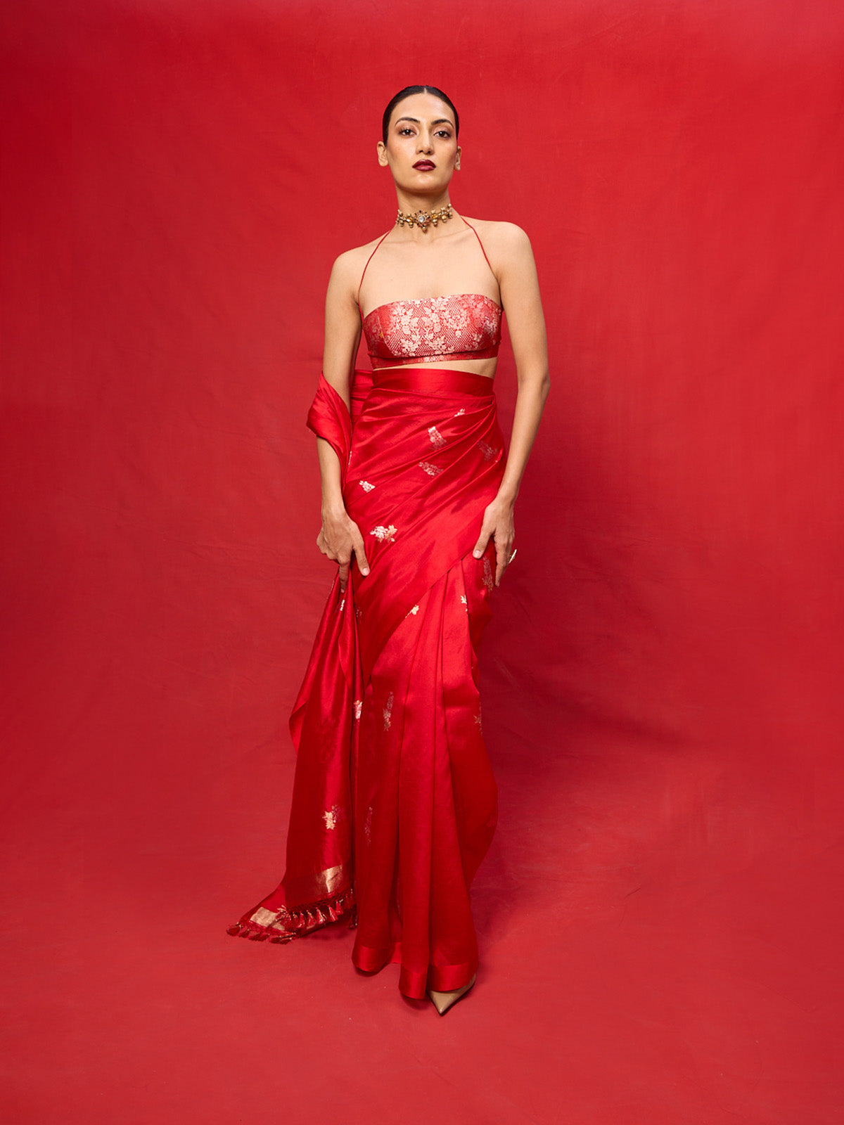 Handwoven Red Silk Embroidered Saree