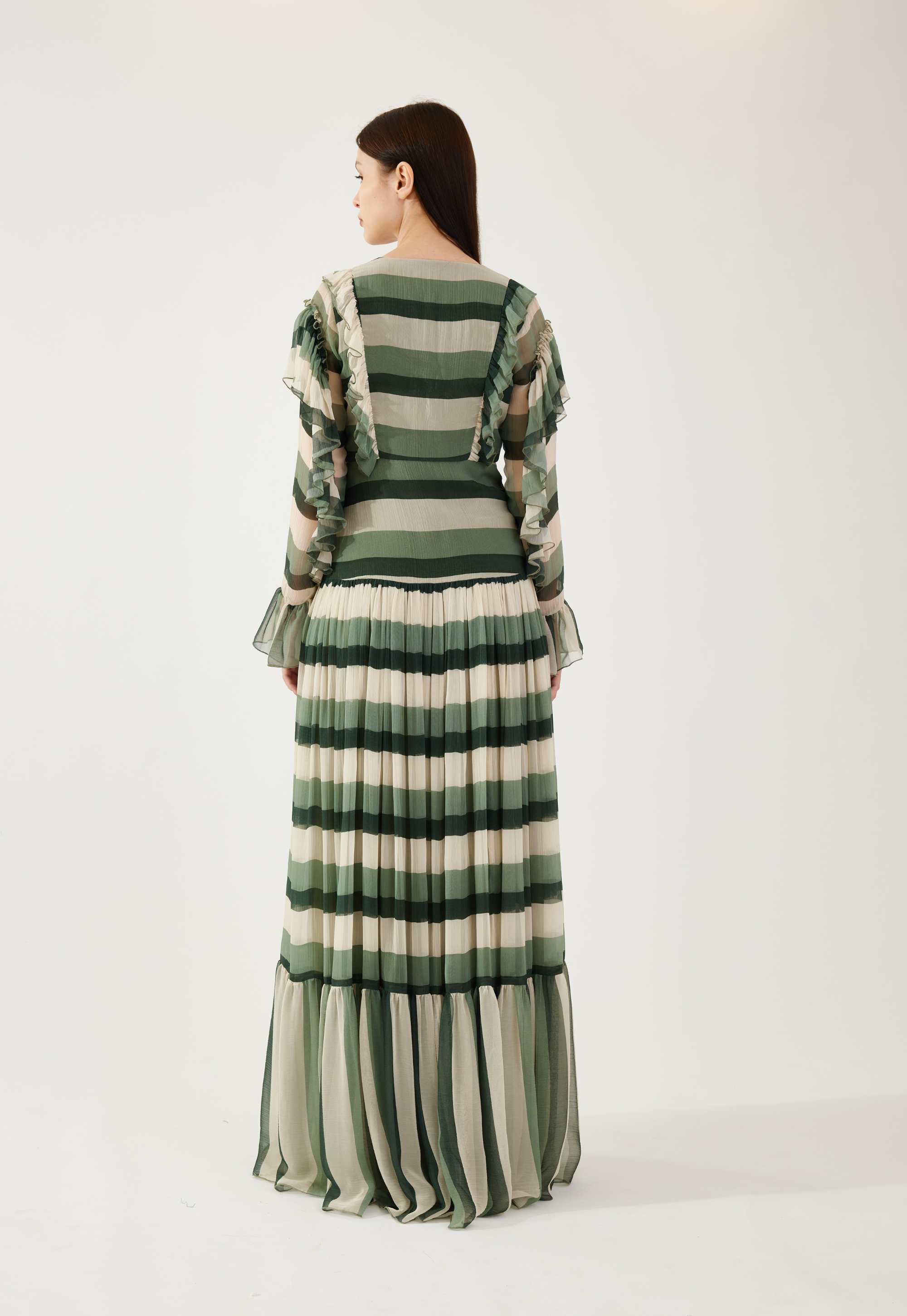 Beige, olive and green stripe long dress