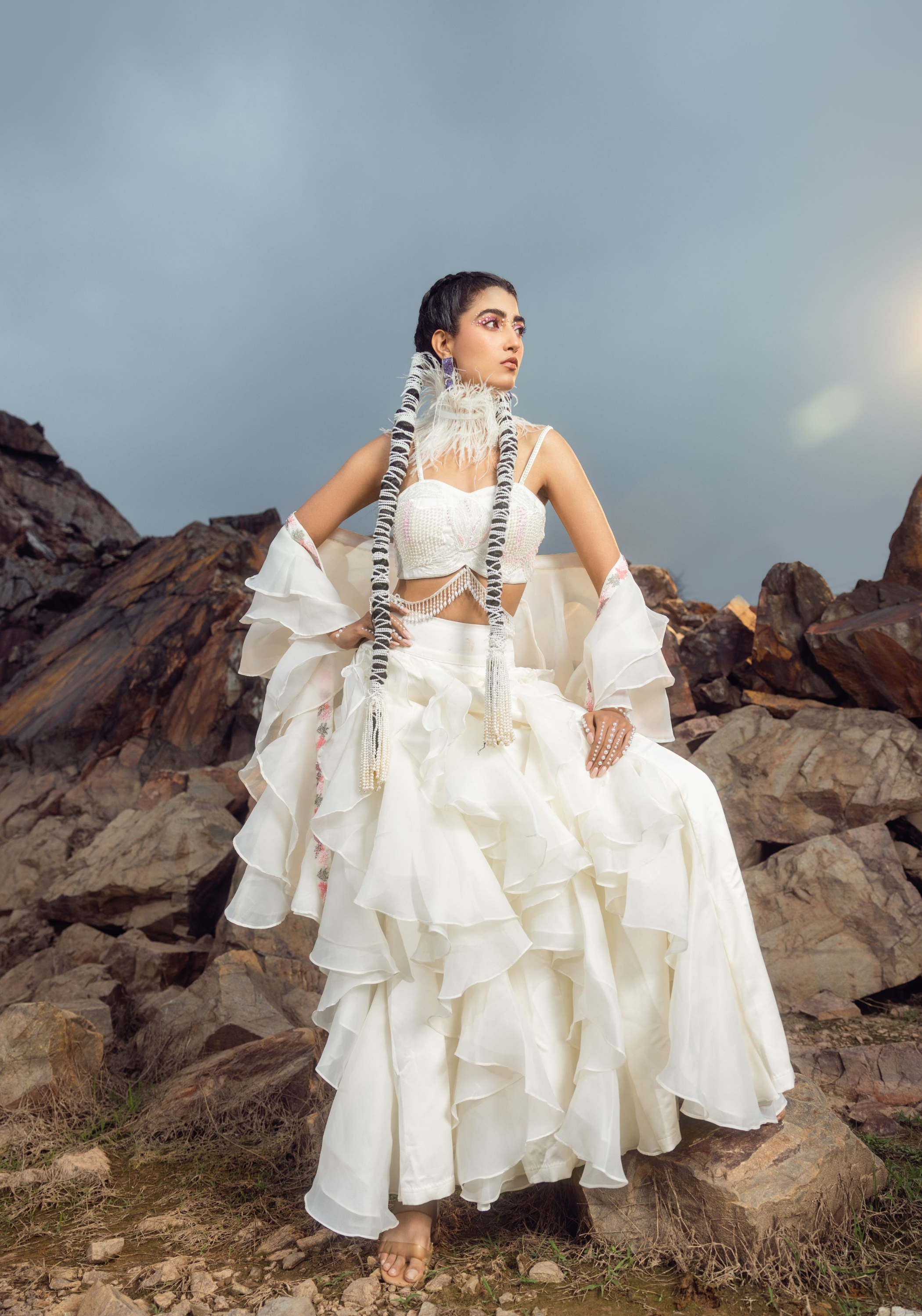 3D Layered Pant with Bustier and Frill Dupatta