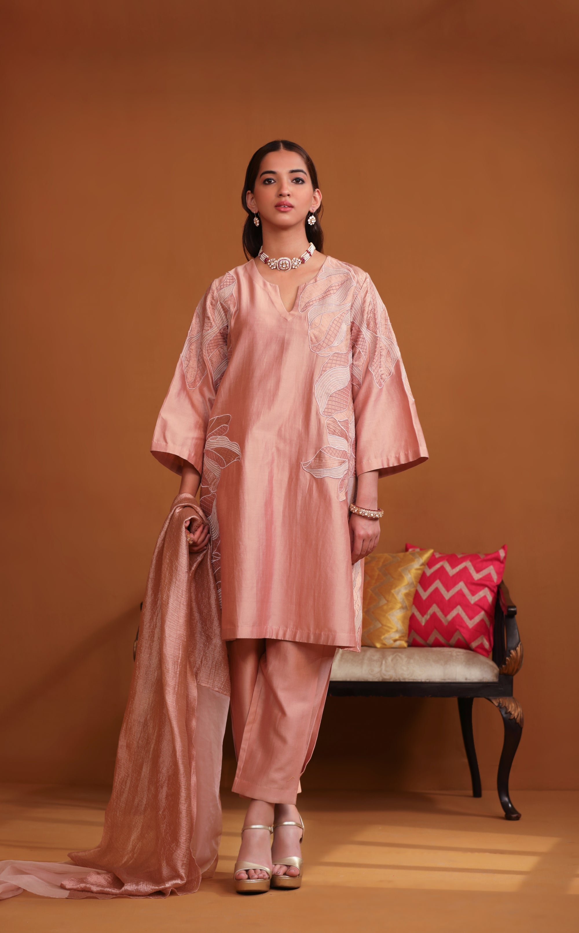Huma Applique Suit Set - Nude Pink