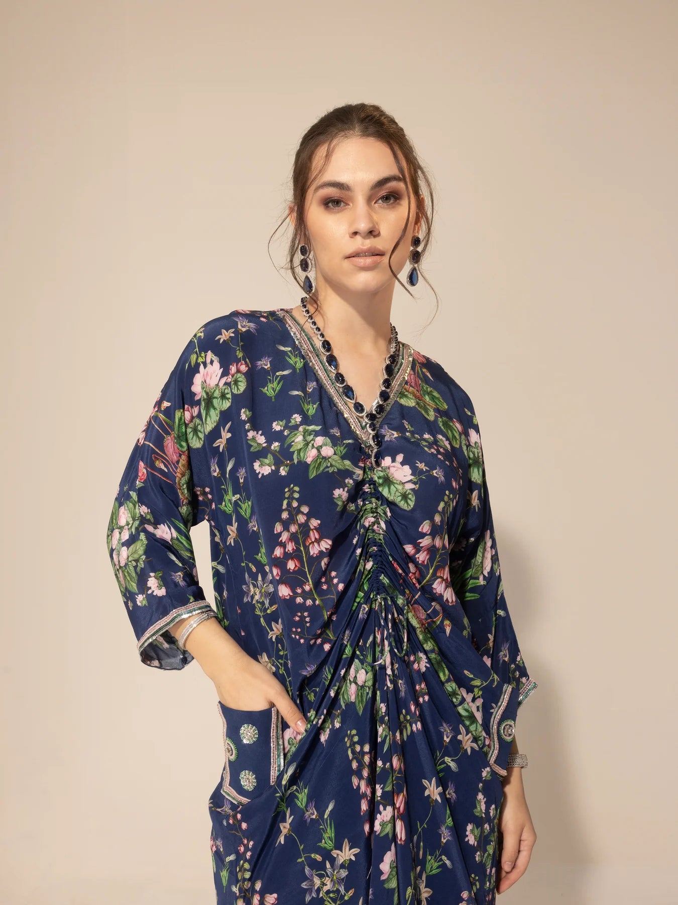 Navy Blue Botanical Drawstring Kaftan & Pants Set