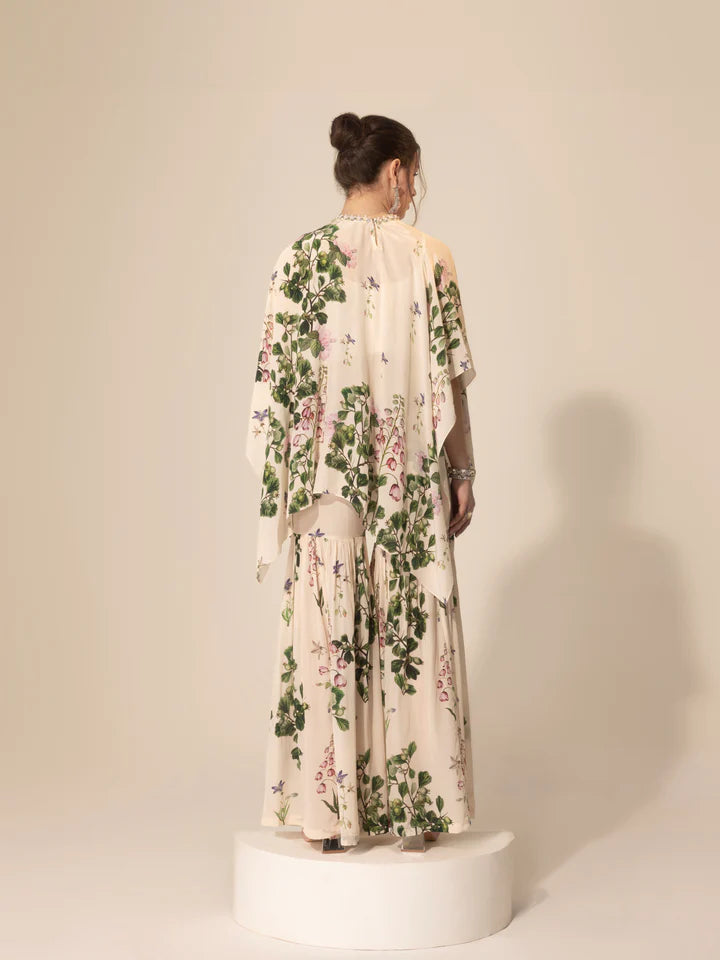 Ivory Botanical Asymmetric Top & Sharara Pants