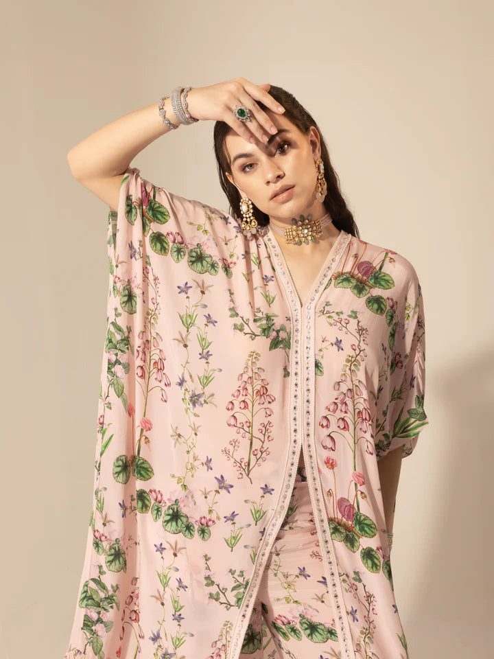 Blush Pink Botanical Long Kaftan & Pants