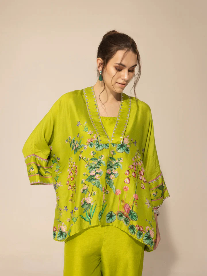 Lime Green Botanical Short Kaftan & Ankle Pants Set