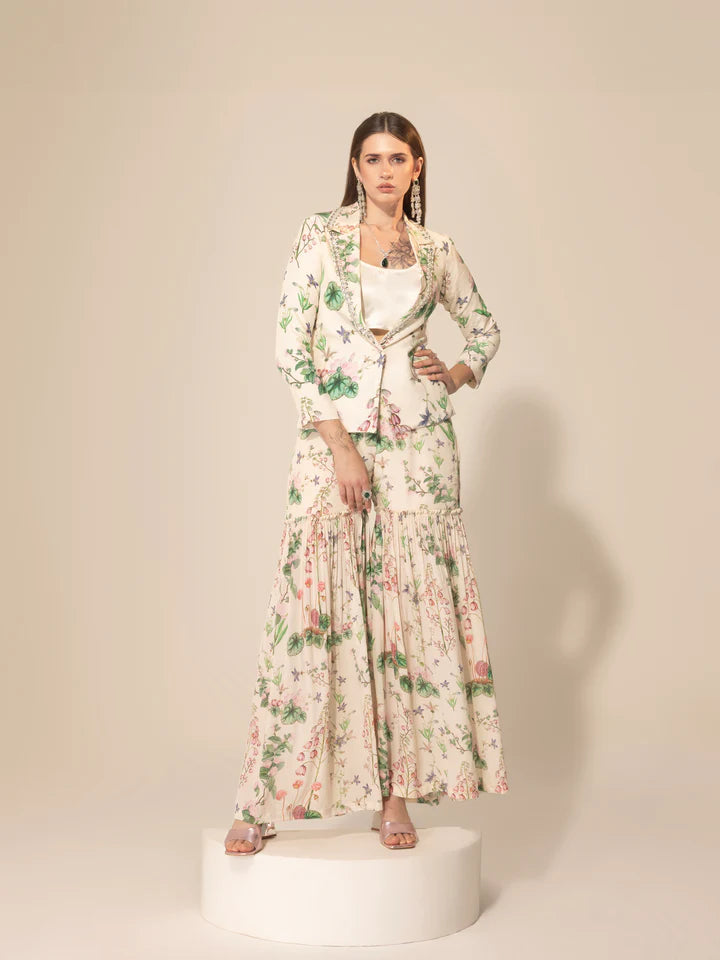 Ivory Botanical Printed Blazer & Sharara