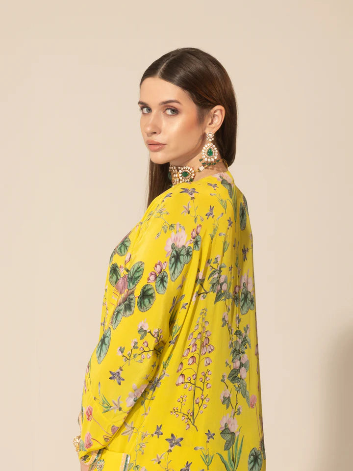 Yellow Botanical Drawstring Kaftan & Pants Set