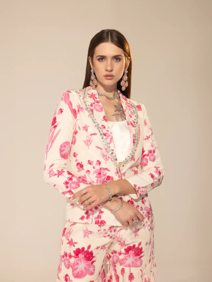 Ivory & Pink  Botanical Printed Blazer & Sharara