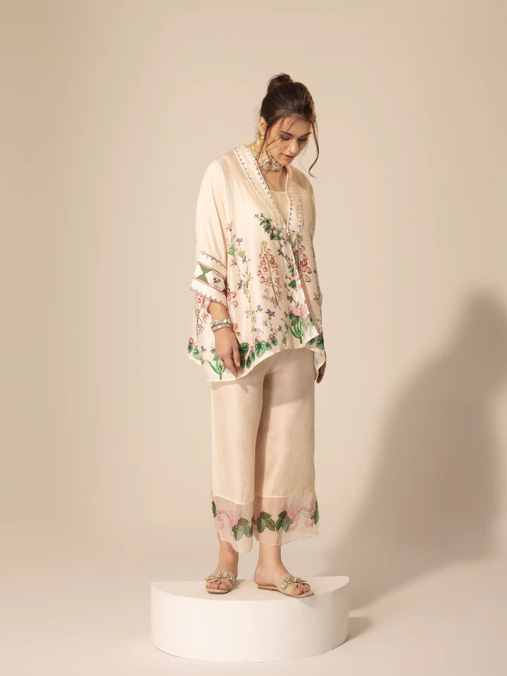 Ivory Botanical Printed Shirt Kaftan & Ankle Pants Set