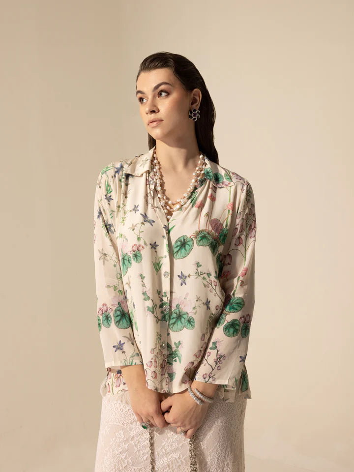 Ivory Botanical Printed Shirt & Chantilly Lace Skirt Set