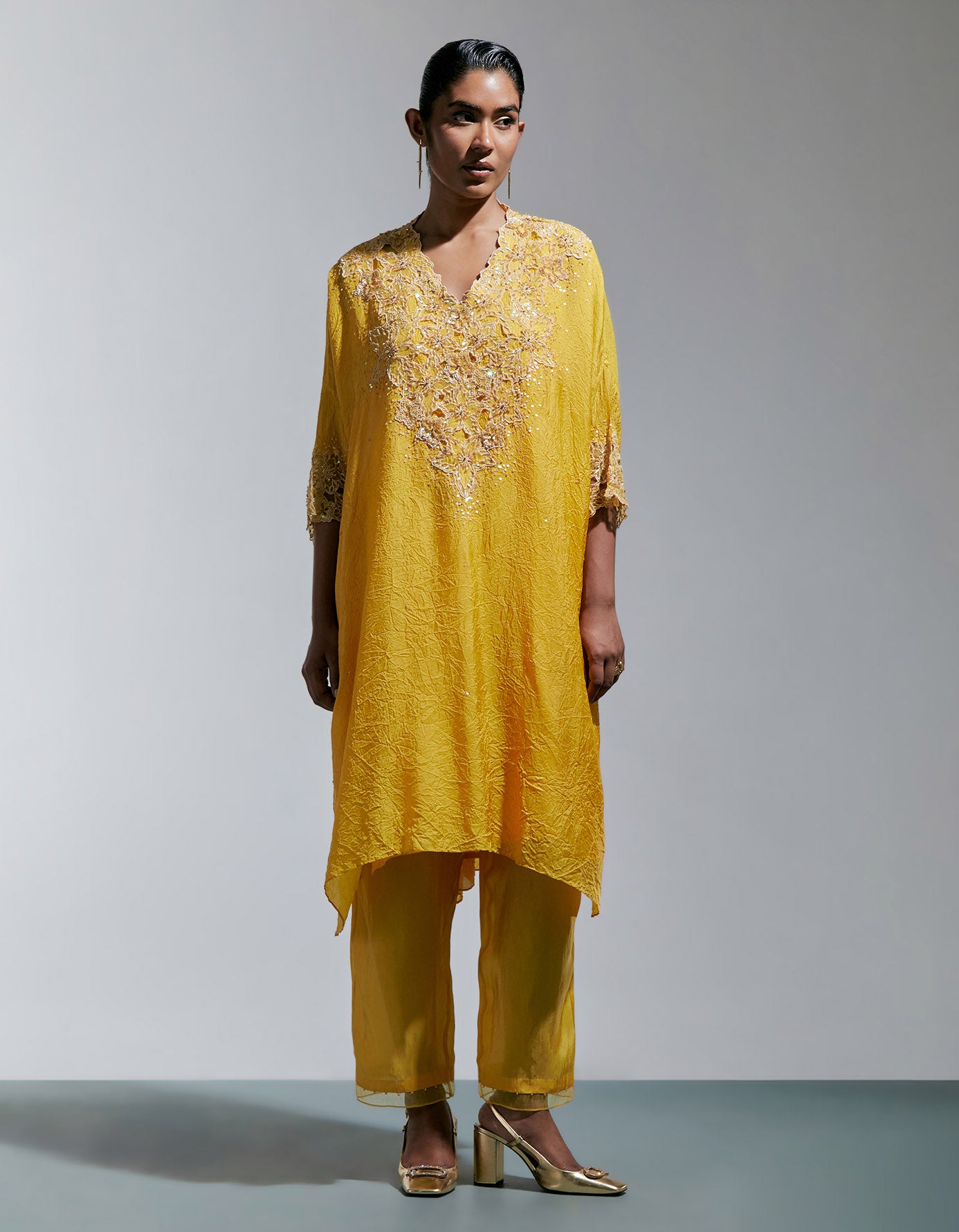 Amber Silk Kurta Set With Floral Thread Work